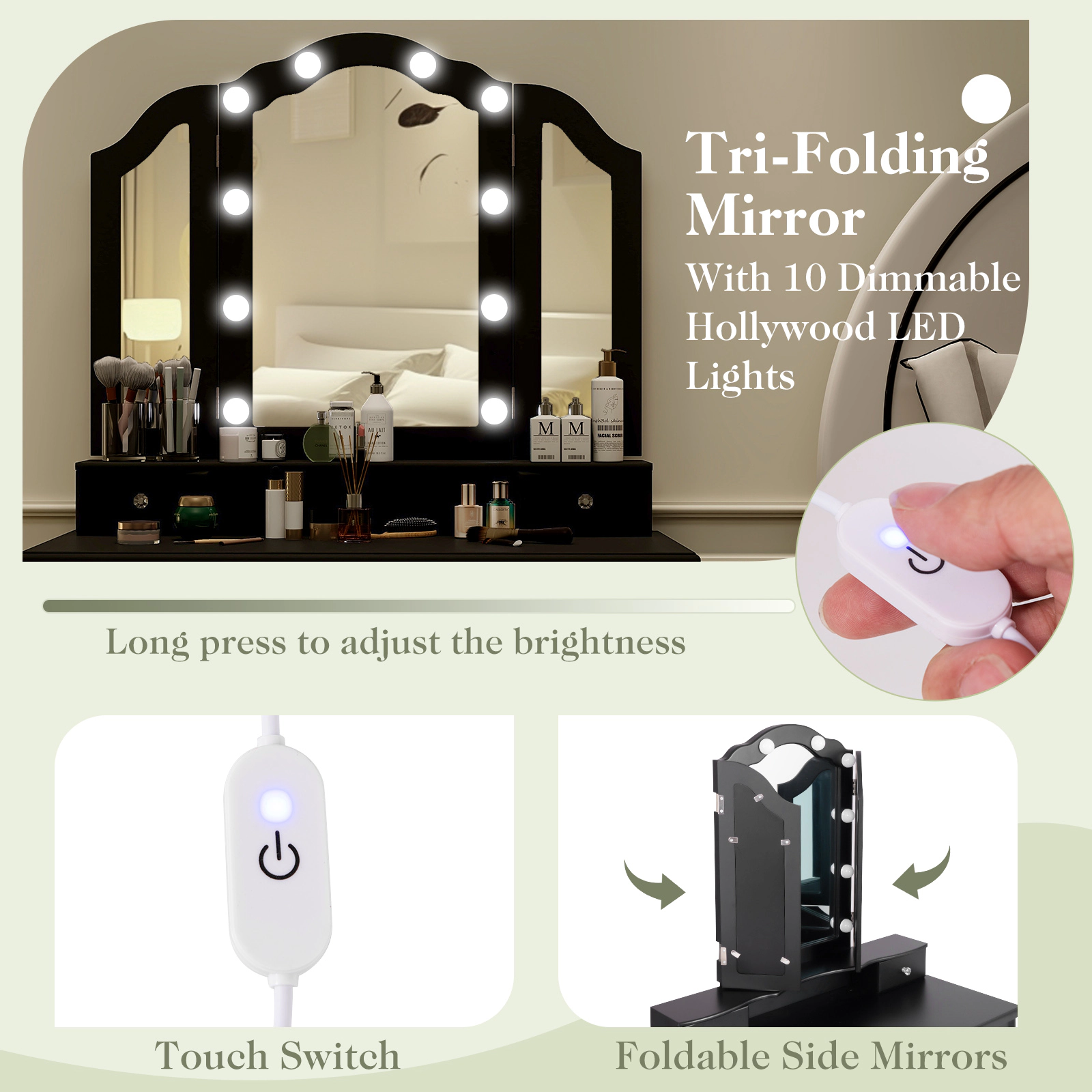 SUGIFT Lighted Tri-Folding Mirror Makeup Vanity Table Set with Drawers & Cushioned Stool 200-lb Tabletop Capacity 330-lb