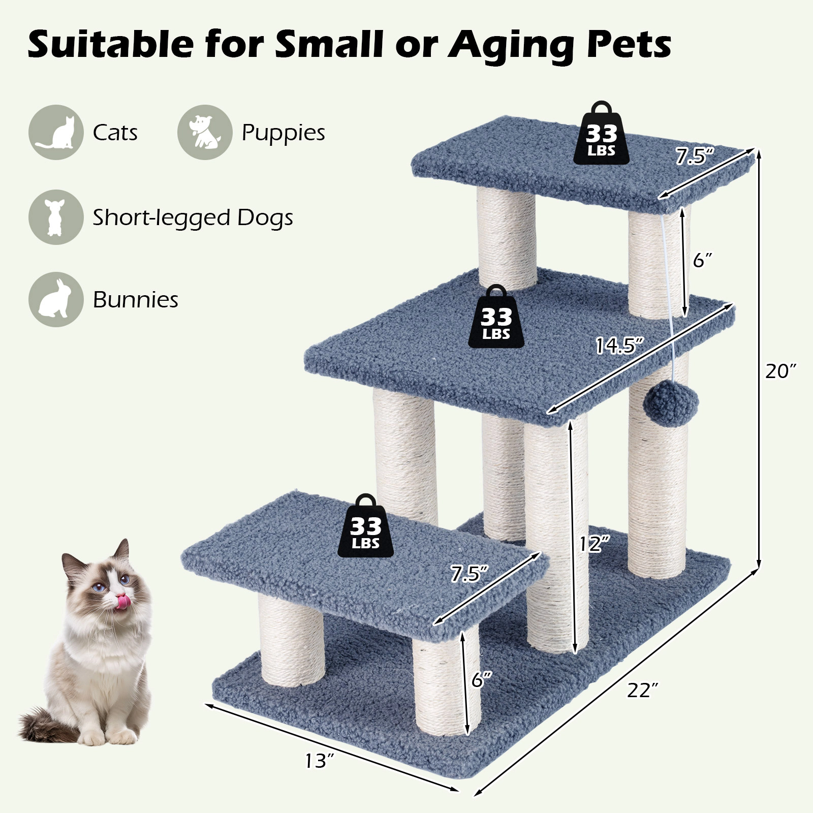 SUGIFT 3-Tier Cat Stairs Cat Tree 20-in Tall with Scratching Posts and Hanging Toy Ball 33-lb Capacity Gray