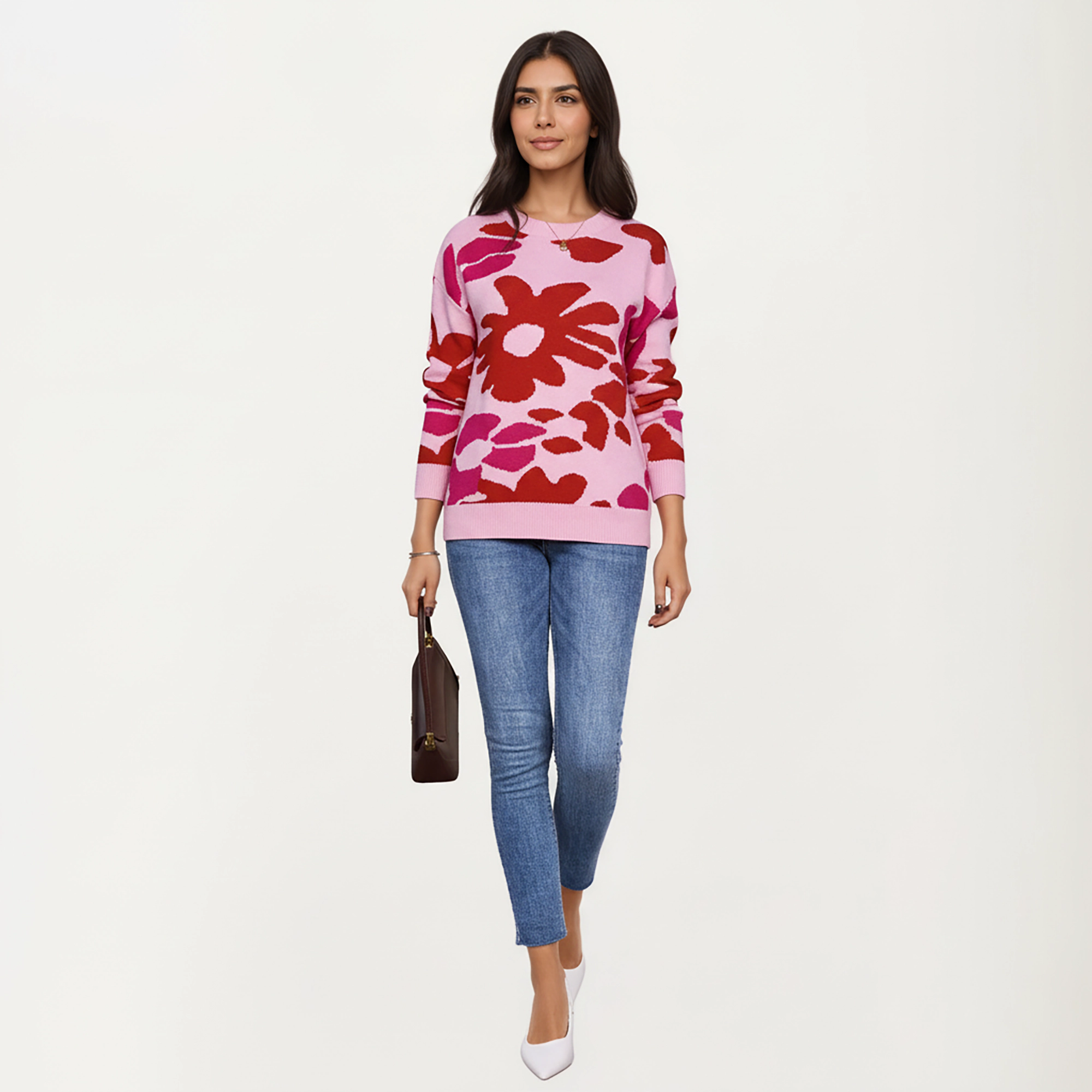 Anna-Kaci Women's Bold Floral Pattern Knit Sweater with Soft Textured Feel, Long Sleeves and Comfortable Relaxed Fit