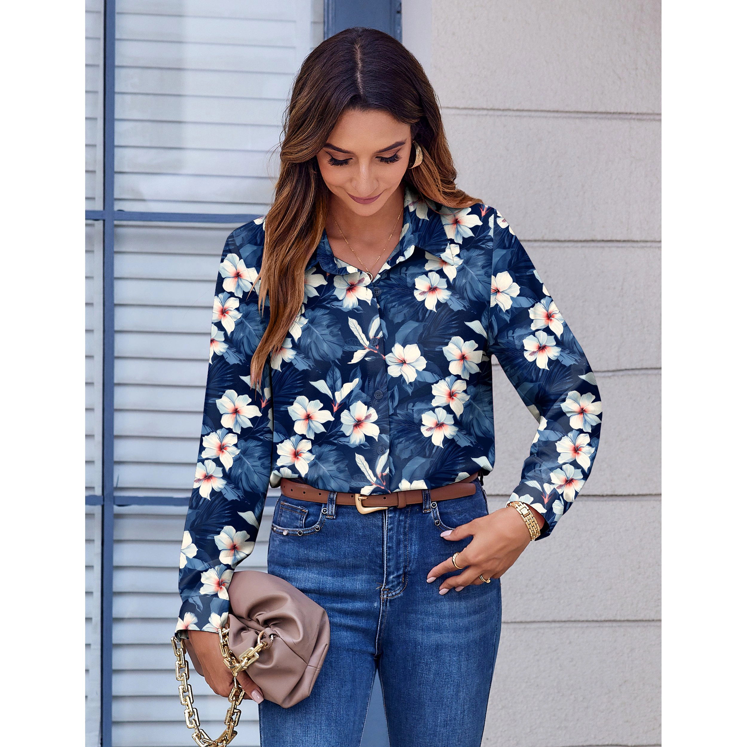 Zeagoo Women's Hawaiian Button Down Shirts Casual Short Sleeve Floral Tropical Print Tunic Tops