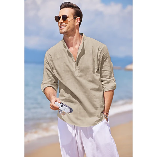 COOFANDY Men's Regular Fit Lightweight Linen Long Sleeve Henley Shirt