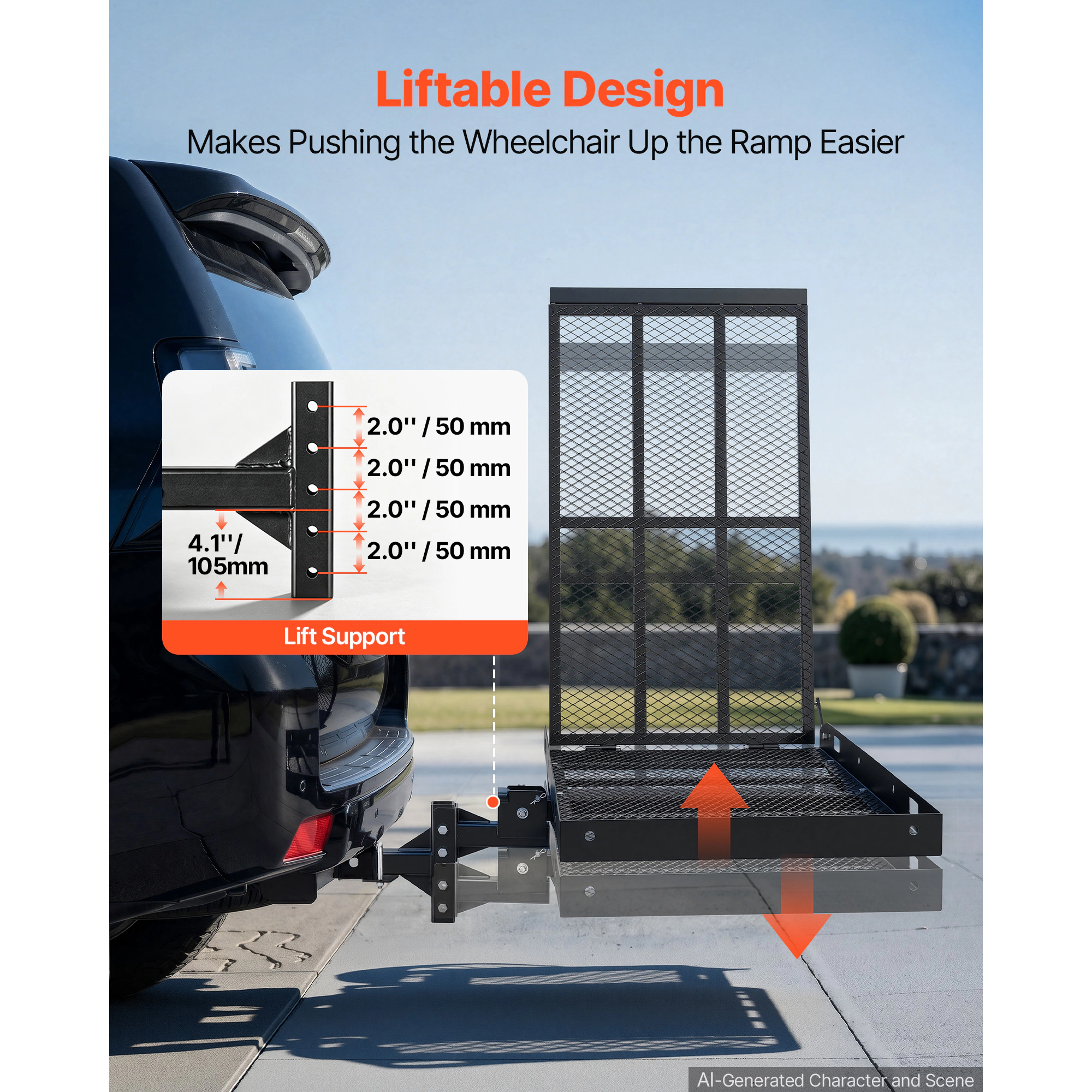 HONGGE Hitch Mount Wheelchair Carrier Height Adjustable 500LBS Steel Mobility Scooter Carrier Cargo Basket with Folding