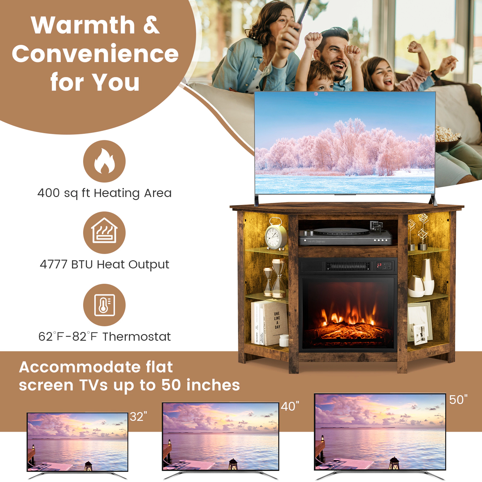 SUGIFT Corner Fireplace TV Stand for 50 with LED Lights and Glass Side Shelves
