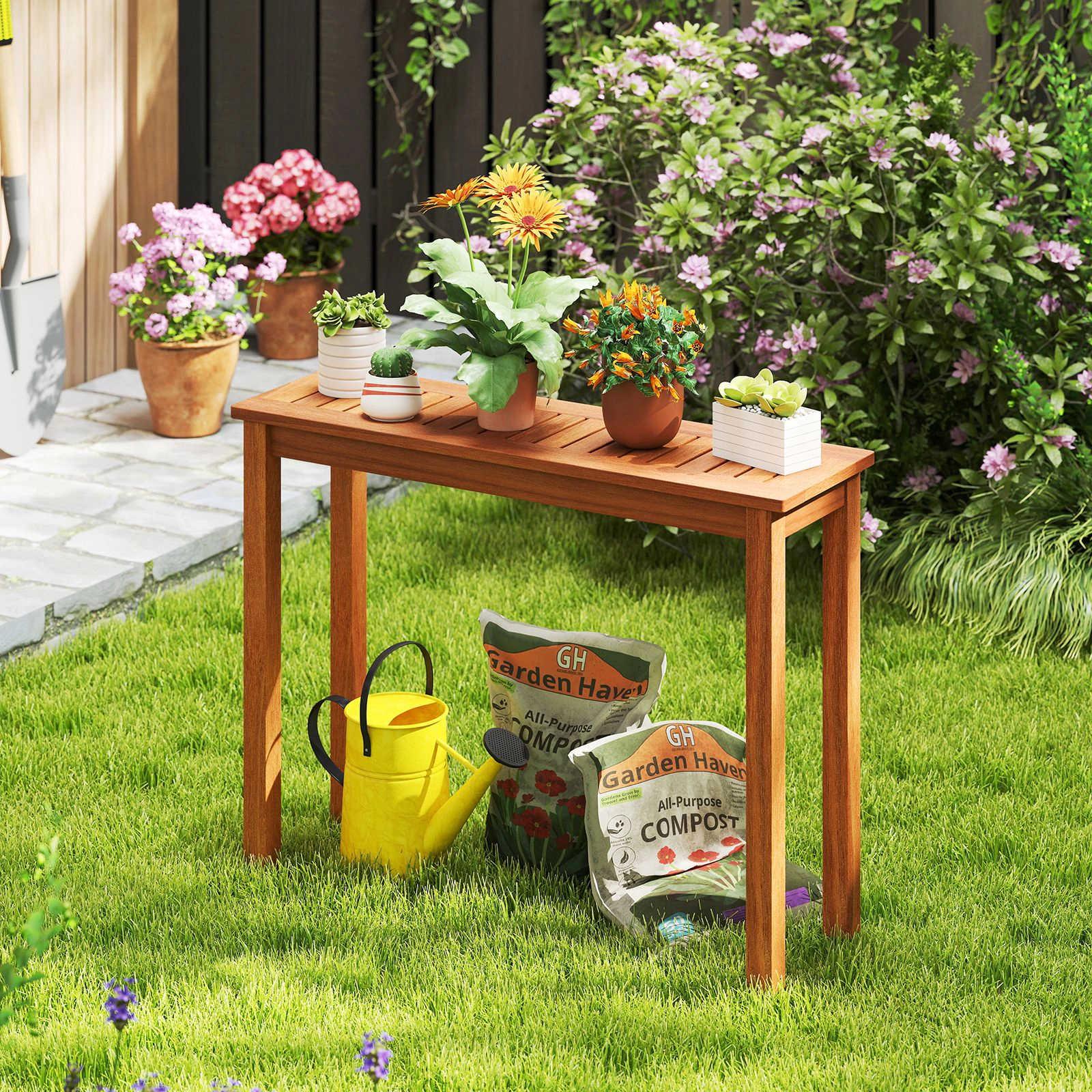 SlickBlue Garden Plant Shelf with Brown Wood Finish and Storage