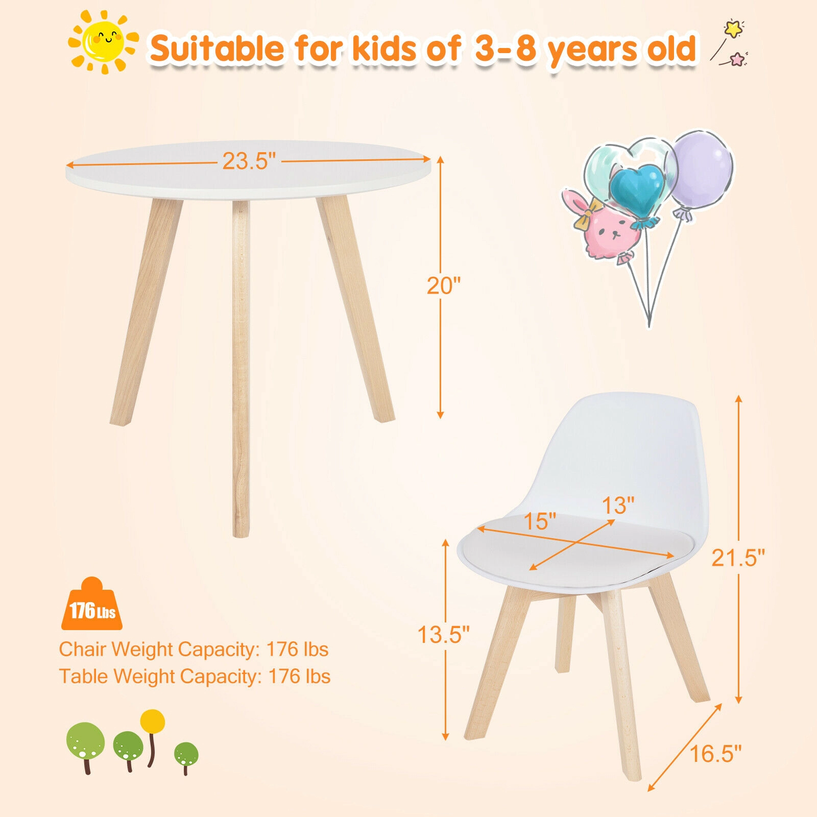 SUGIFT White Beech Legs and Padded Seat Kids Modern Round Activity Table and 2 Chairs Set