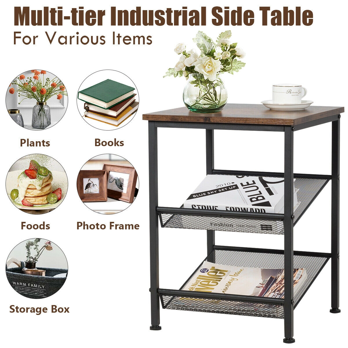 Slickblue Industrial End Table 16 Inch Rustic Wood Look Top Metal Frame Shelves