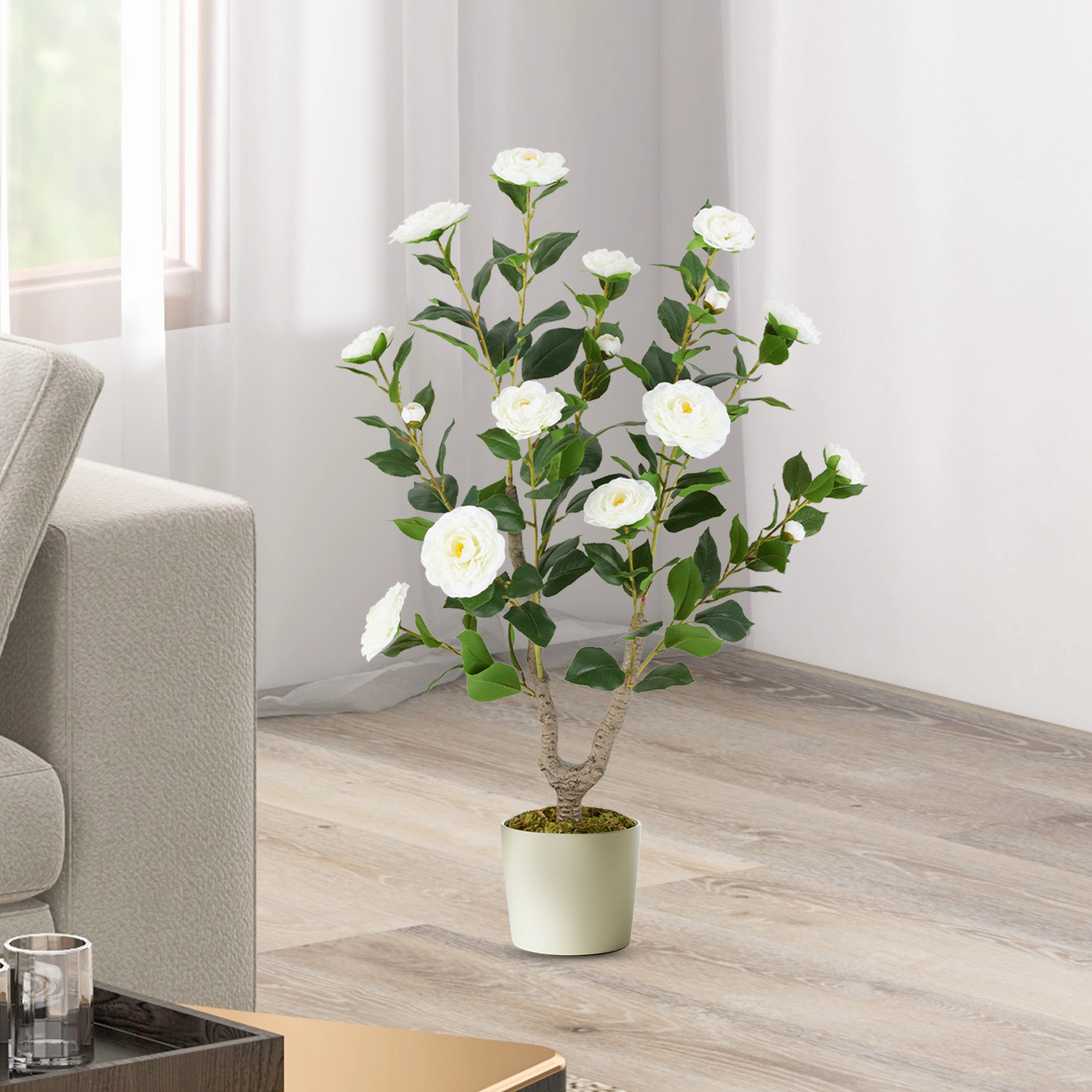 SlickBlue Artificial Camellia Tree with Decorative Pot for Home Decor
