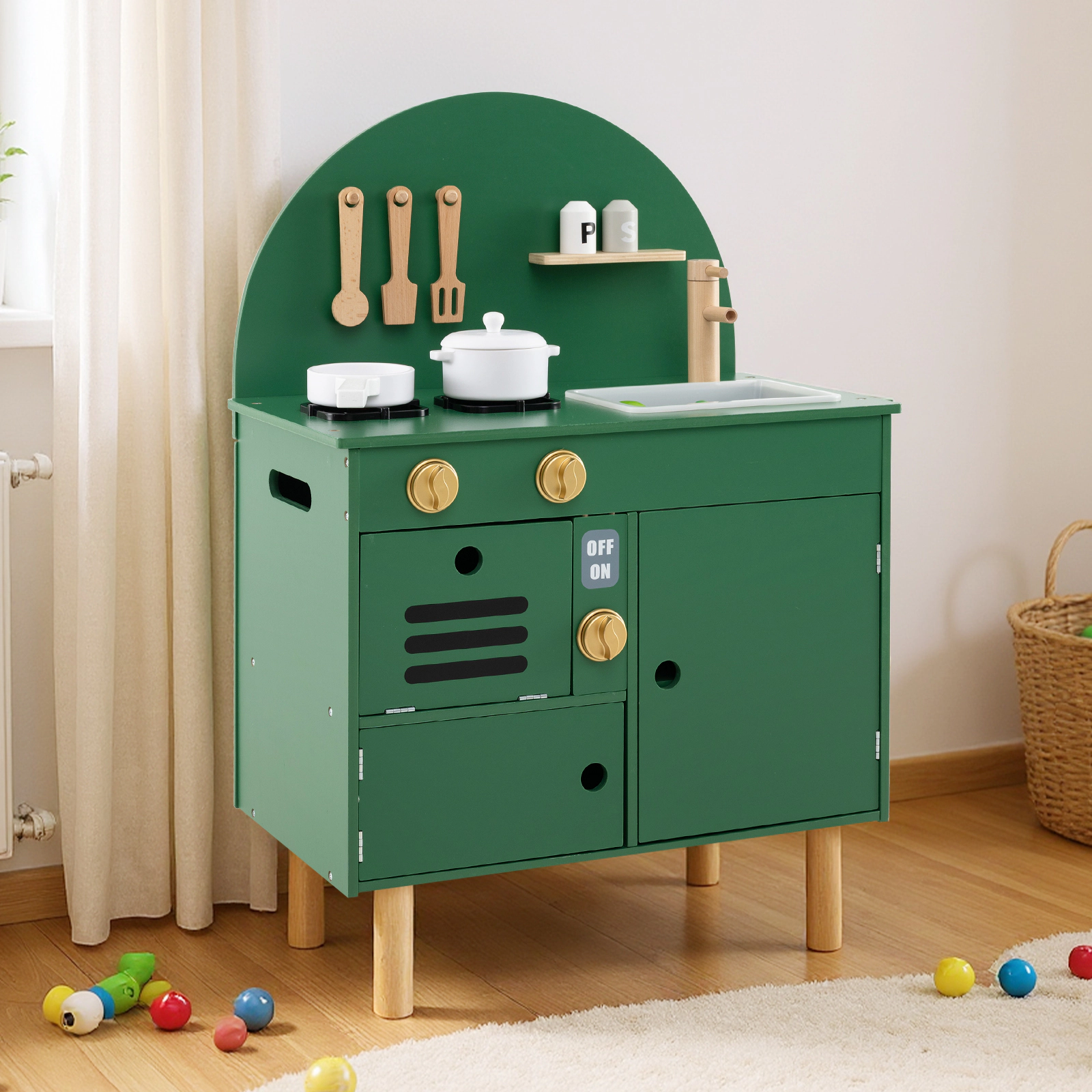 SUGIFT Kids Wooden Play Kitchen 22.5 Playset with Stoves Sink Microwave and Oven