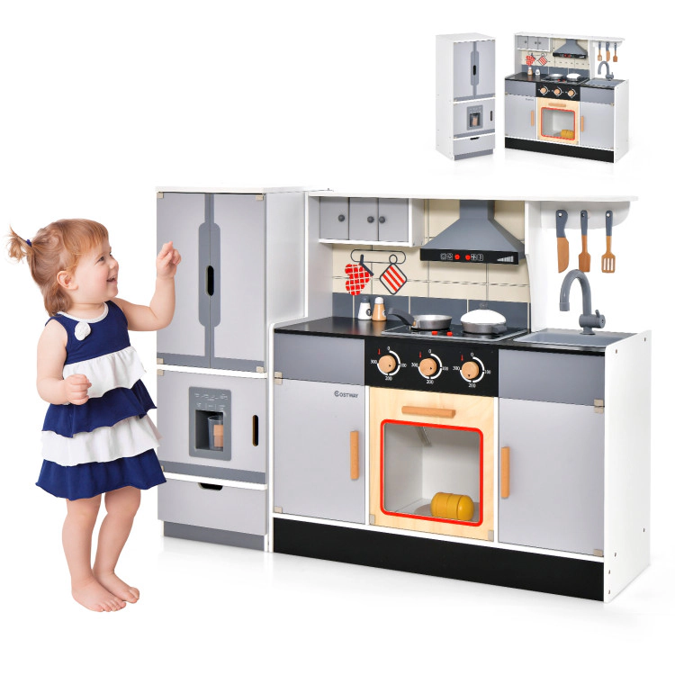 Hivvago Wooden Chef Play Kitchen and Refrigerator with Realistic Range Hood and Roaster