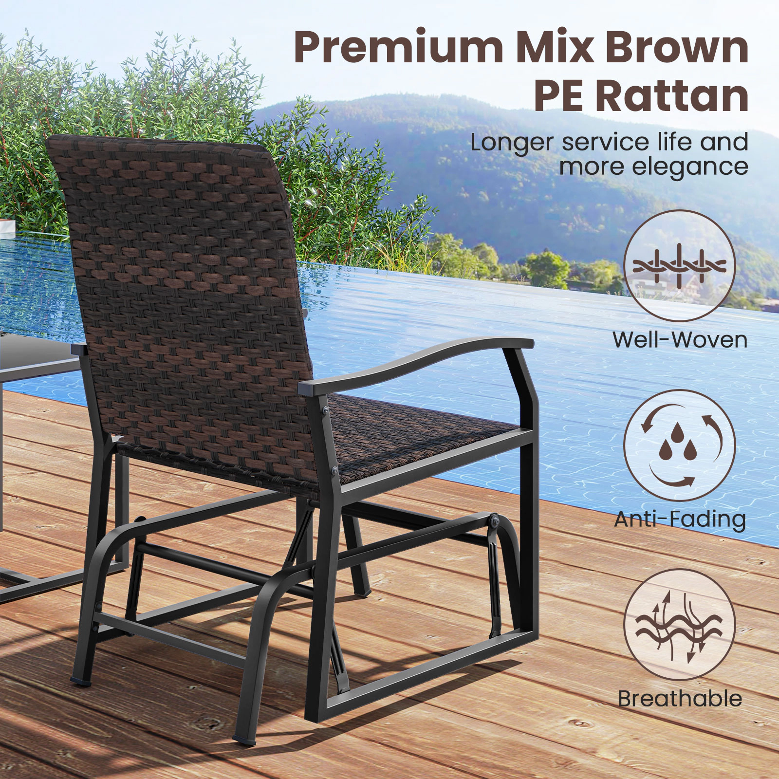 SUGIFT 3-Piece Brown Wicker Patio Glider Set with 2 Chairs and Glass Table