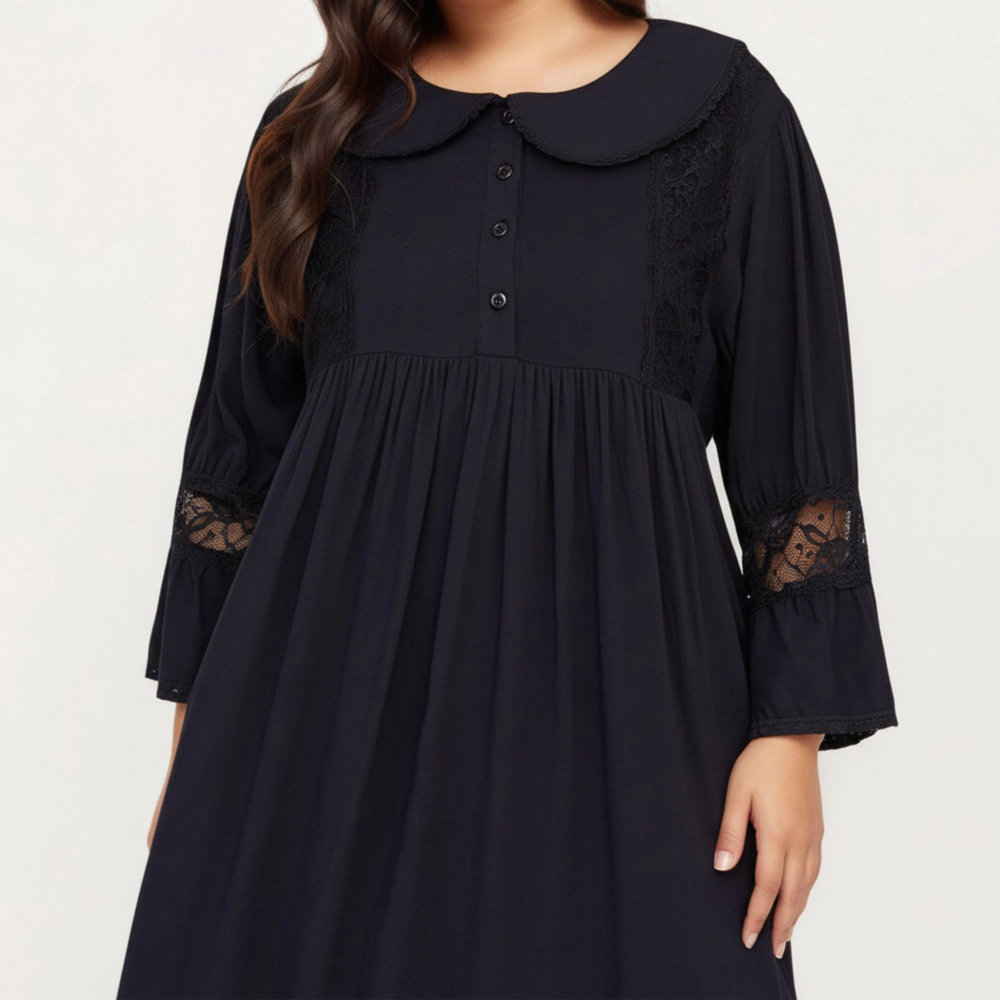 Anna-Kaci Women's Long Sleeve Maxi Nightgown Flowing Fabric Peter Pan Collar Detail and Lace Trim Accents on Sleeves