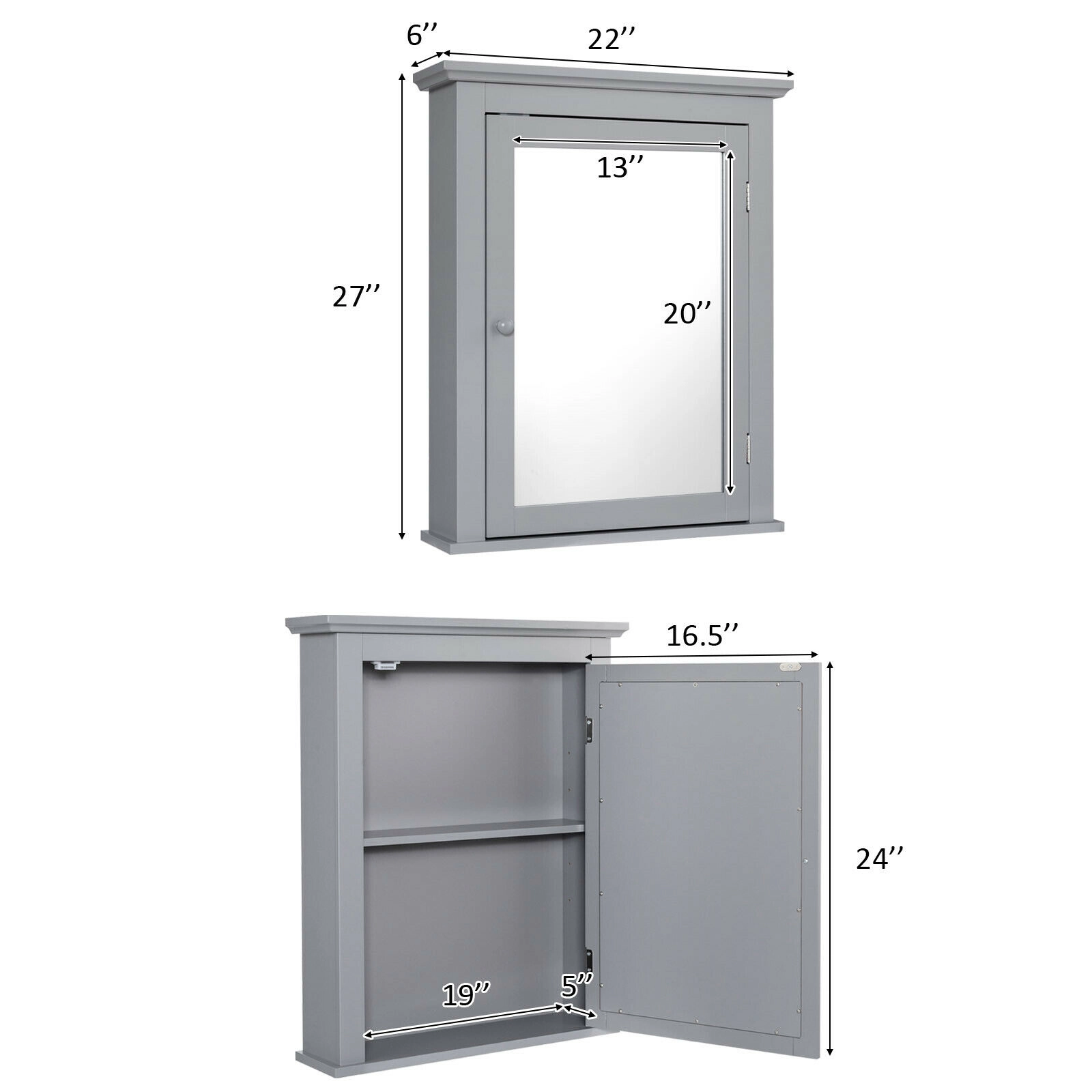 SUGIFT Mirrored Door Waterproof Adjustable Shelves MDF Bathroom Medicine Cabinet 22-in x 6-in x 27.5-in 11-lb Gray