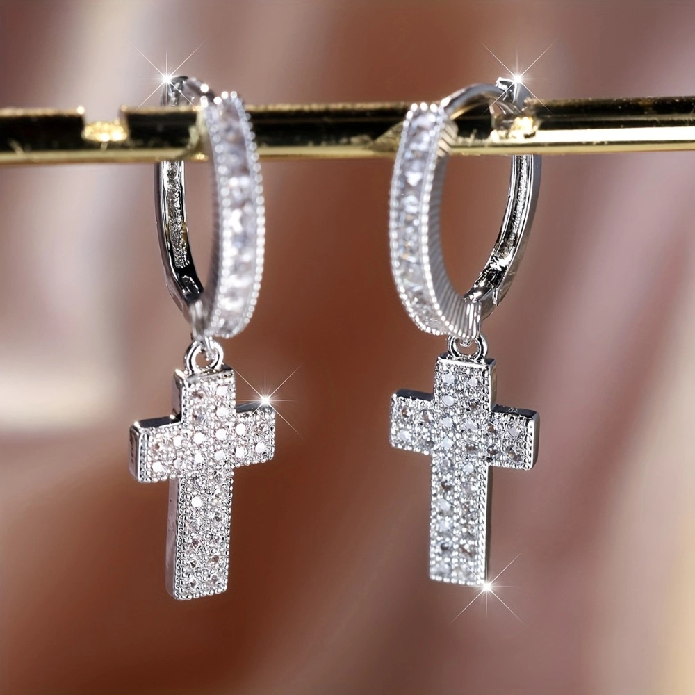 Women Gothic Paved Cubic Zirconia Cross Dangle Huggie Hoop Earring