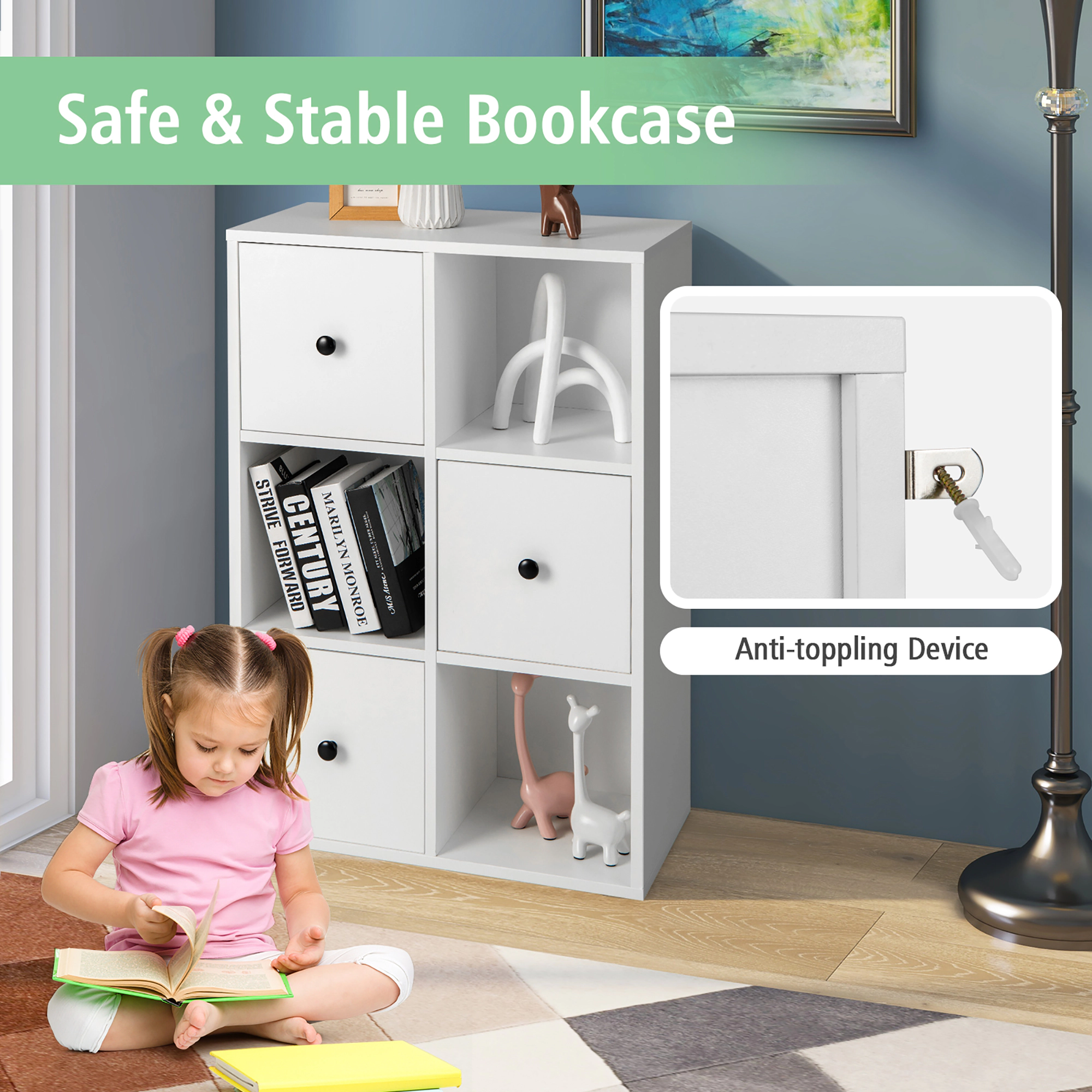Costway 6-Cube Bookcase Storage Organizer with 3 Open Cubes 3 Drawers for Home Office White