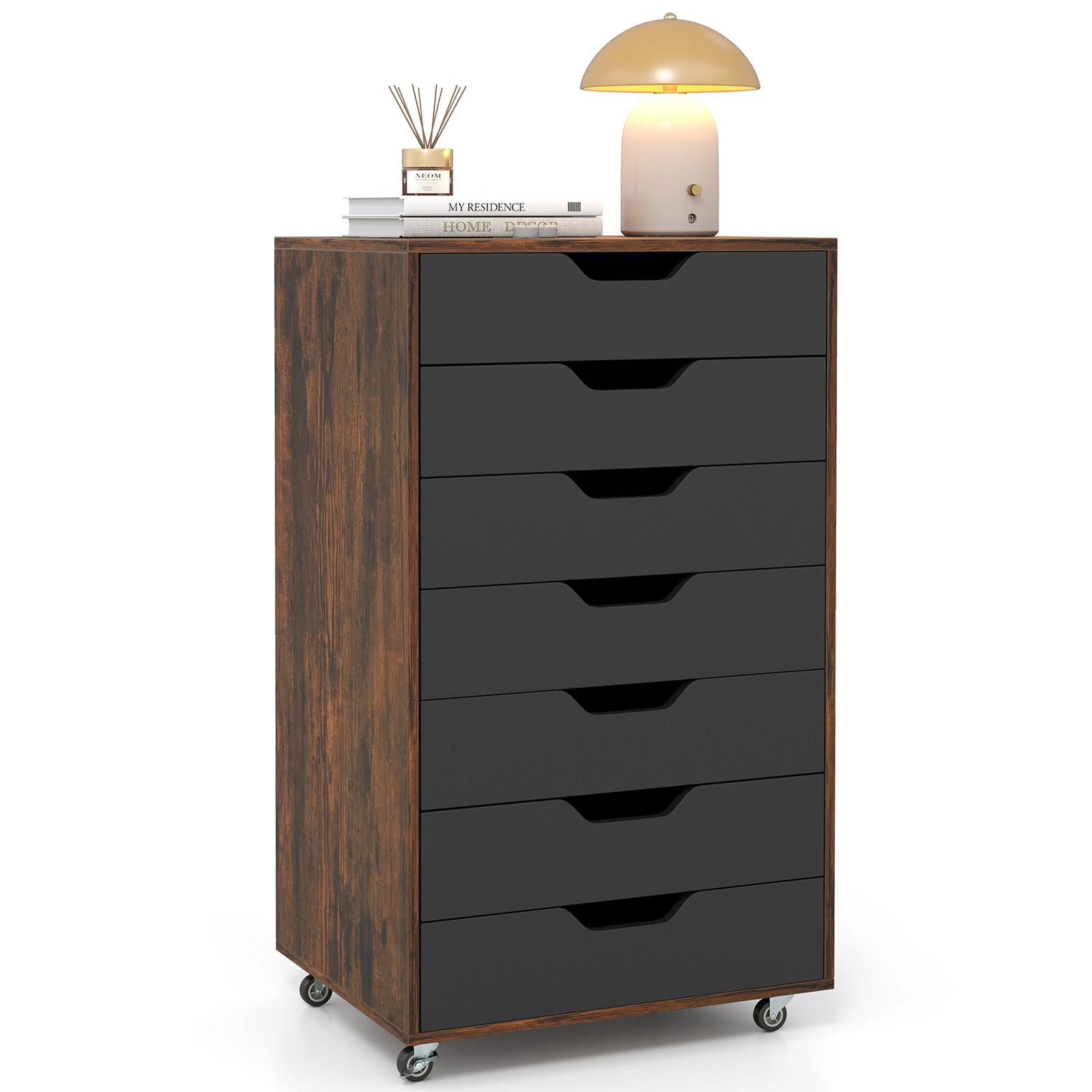 SUGIFT 34-in 7-Drawer Rolling Wood Dresser Chest with Anti-Tipping Kits and Lockable Wheels for Bedroom