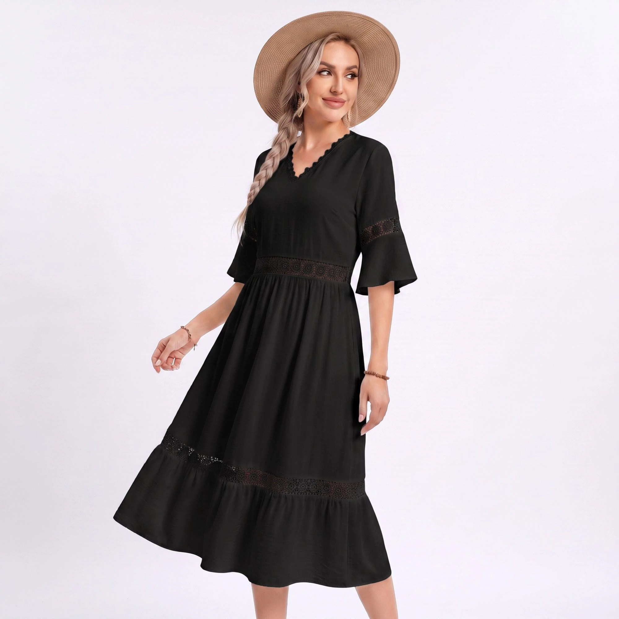 Anna-Kaci Women's V-Neck Lace Trim Bell Sleeve Midi Dress