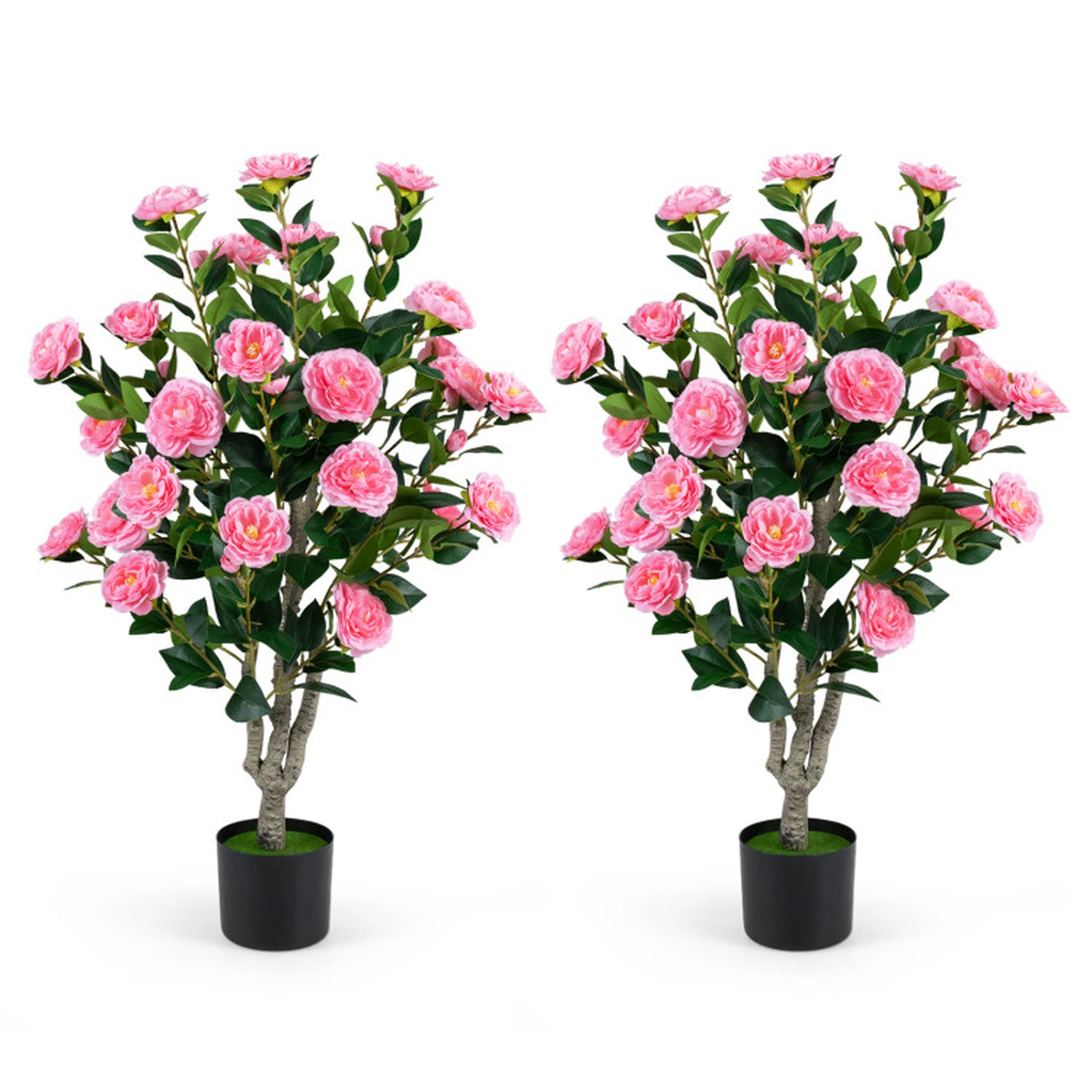 SUGIFT Set of 2 Artificial Camellia Trees with Orange Blossoms in Cement Pots Pink Orange Yellow Green Black
