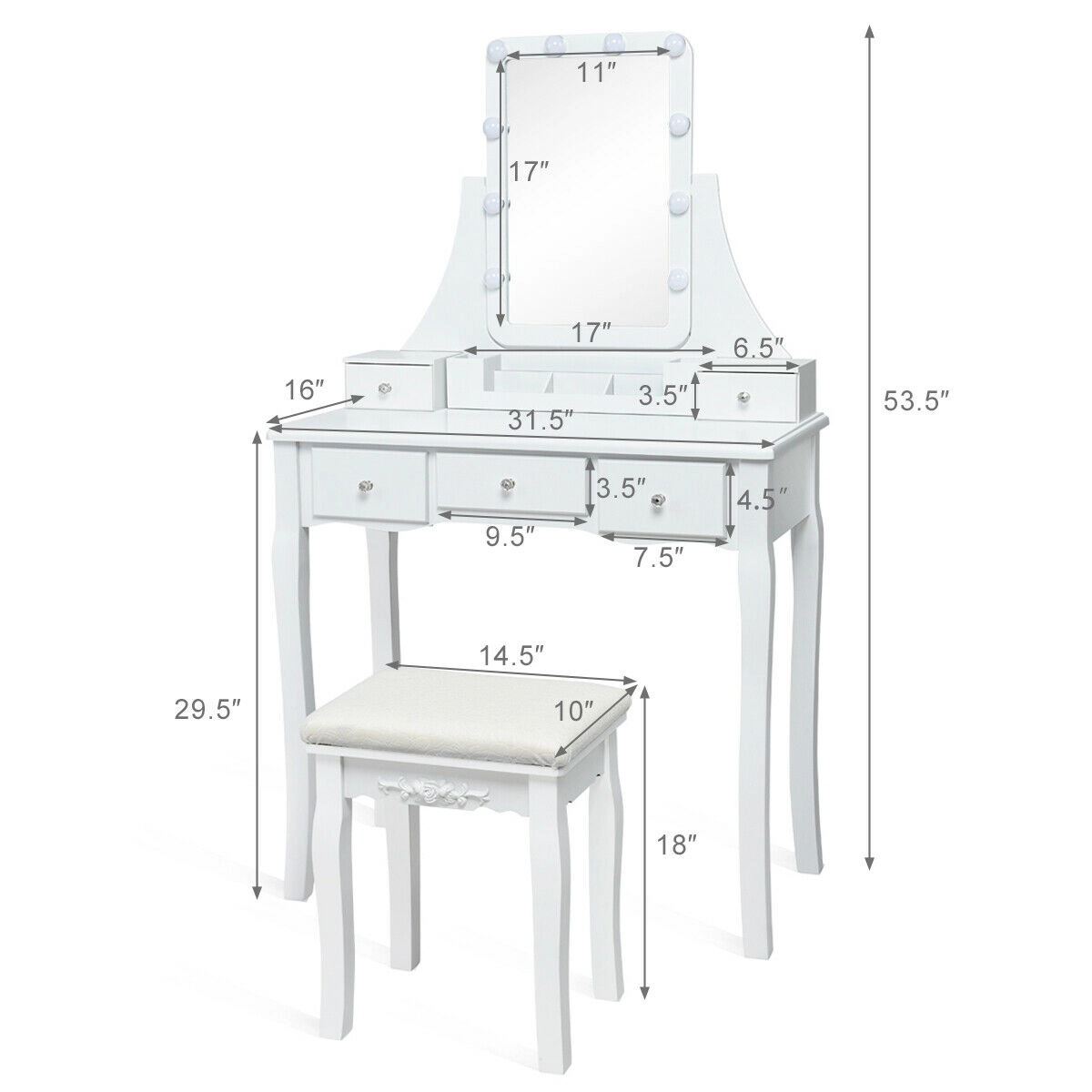 SUGIFT 10 Dimmable Light Bulbs Vanity Dressing Table with Removable Storage Box & Cushioned Stool 286-lb Table Capacity