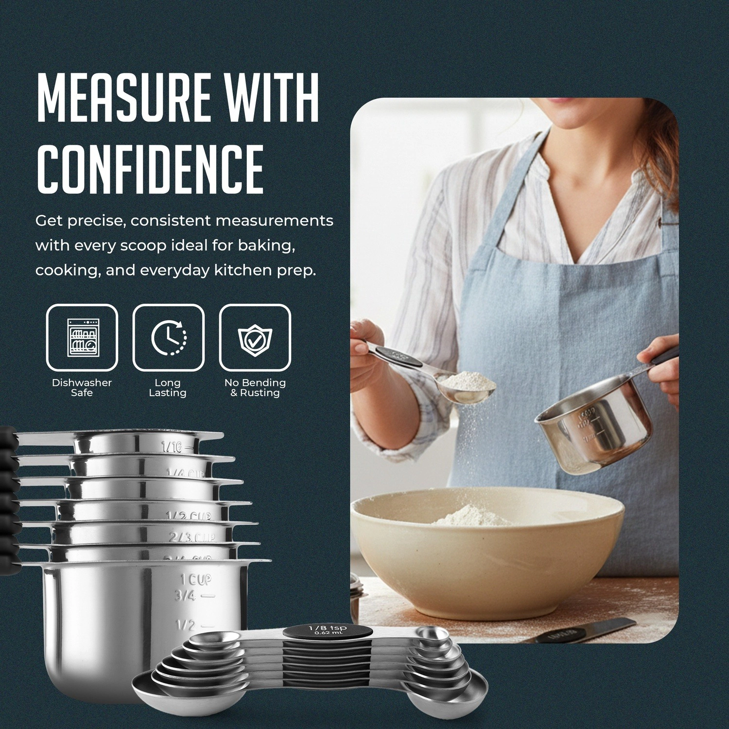 Luminuxe Stainless Steel Measuring Cups and Spoons Set, 16Pc Magnetic Nesting Measuring Cup and Spoon Heavy Duty