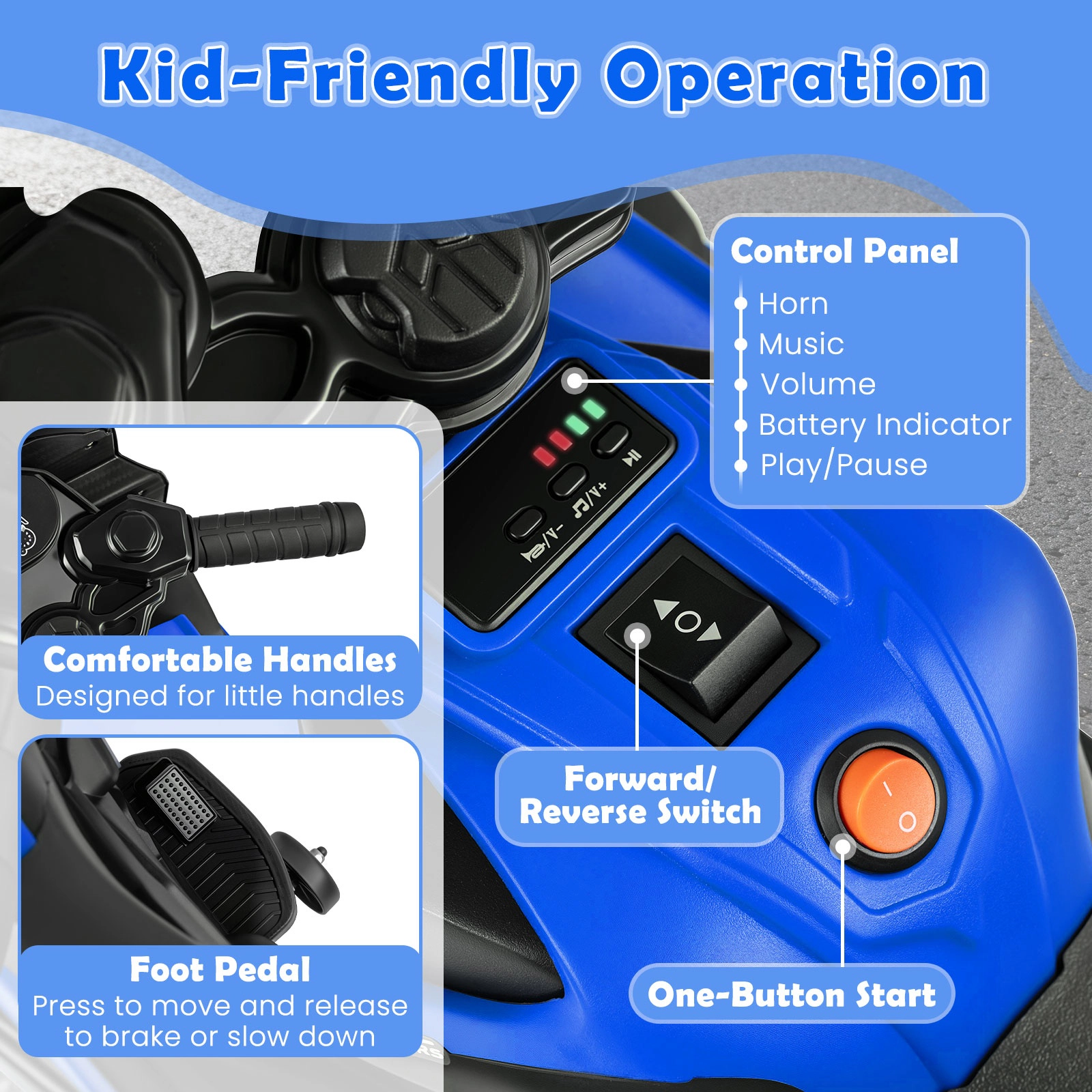 SUGIFT 6V Battery-Powered Kids Motorcycle Ride-On with Headlights Music Foot Pedal and Detachable Training Wheels 55-lb