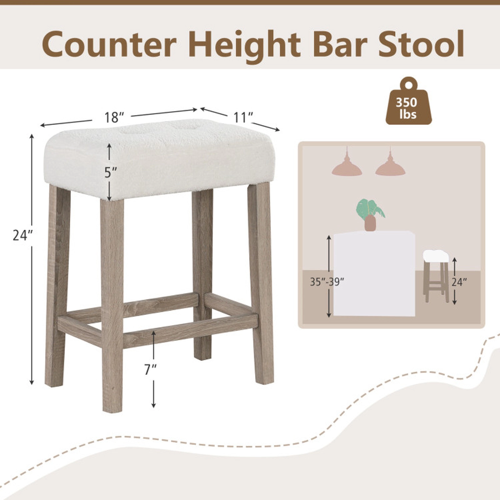 SUGIFT Modern Counter Height Bar Stools Set of 2 with Rubber Wood Legs 18-in High Seat 350-lb Capacity White and Gray