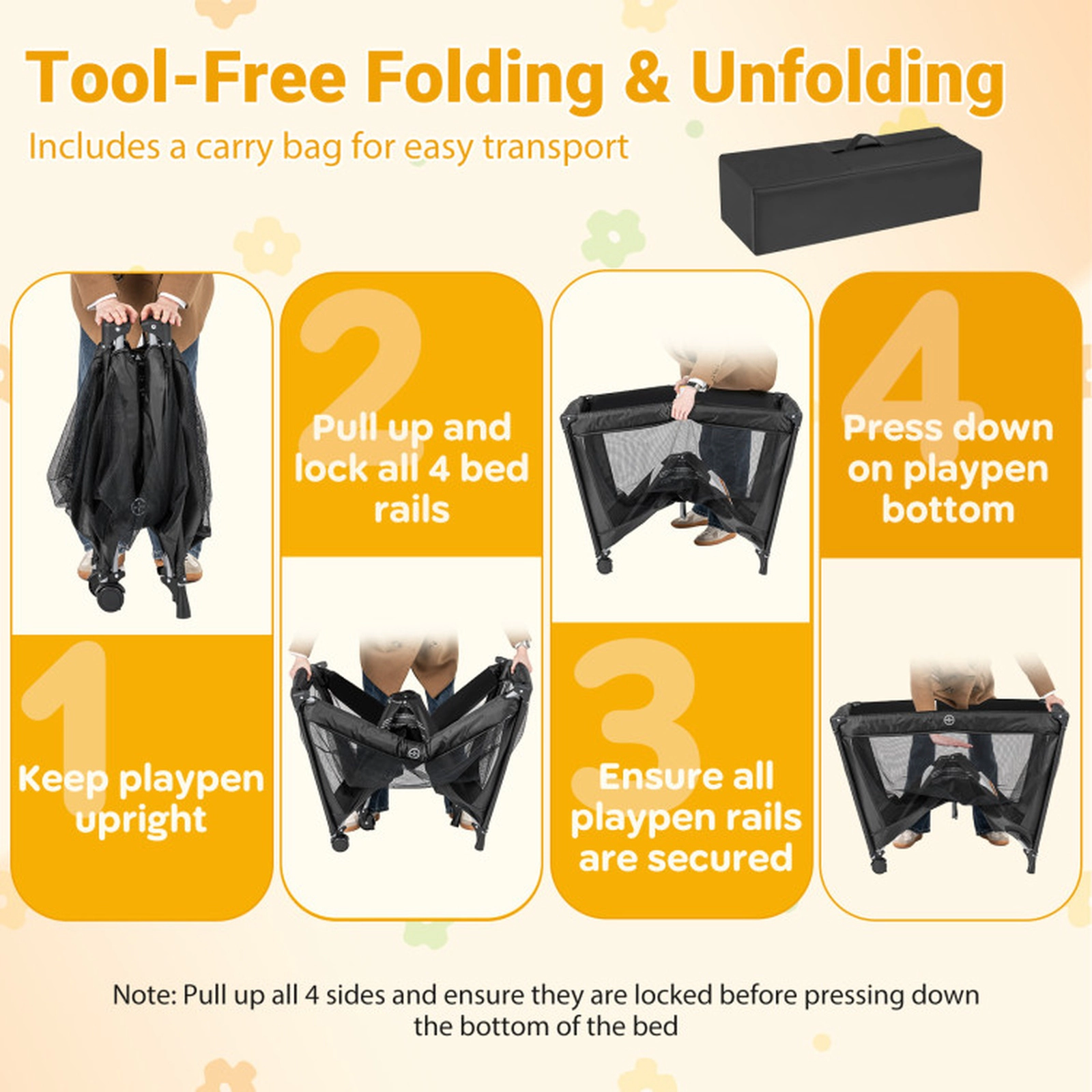 SUGIFT Baby 2-in-1 Bassinet Breathable Mesh Folding Travel Crib Playard 39-in x 27-in x 27.5-in 30-lb Capacity Black
