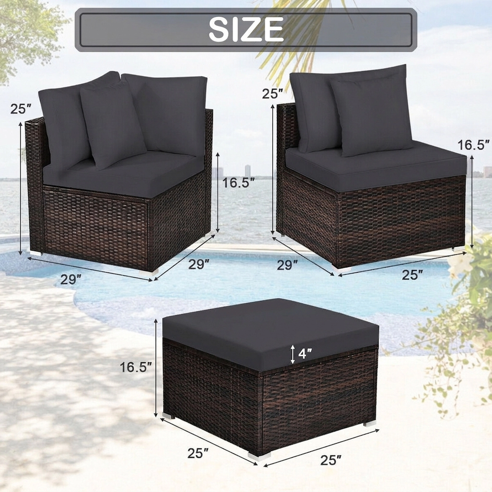 SUGIFT 4 Piece Patio Rattan Wicker Furniture Set Gray with Ottoman and Cushions