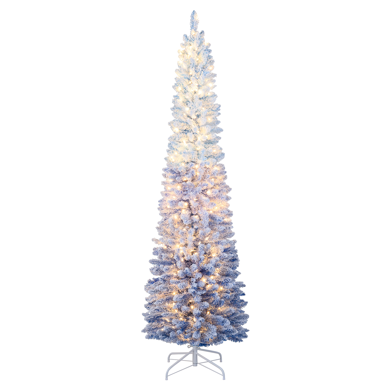 SUGIFT 7-ft Slim Snow Flocked Pre-Lit Christmas Tree Blue Gradient with 588 Tips and 290 LED Lights