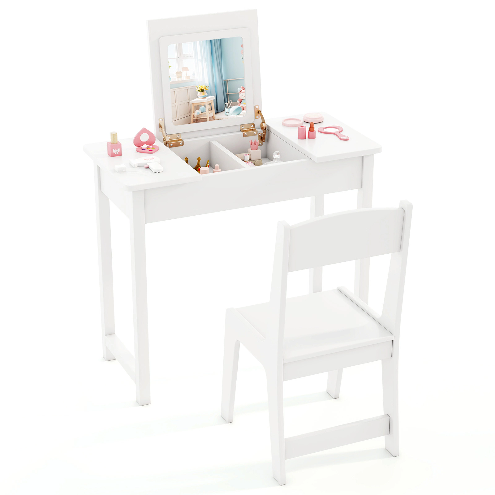 SUGIFT White Flip Top Mirror 2-in-1 Kids Vanity Makeup Table and Chair Set