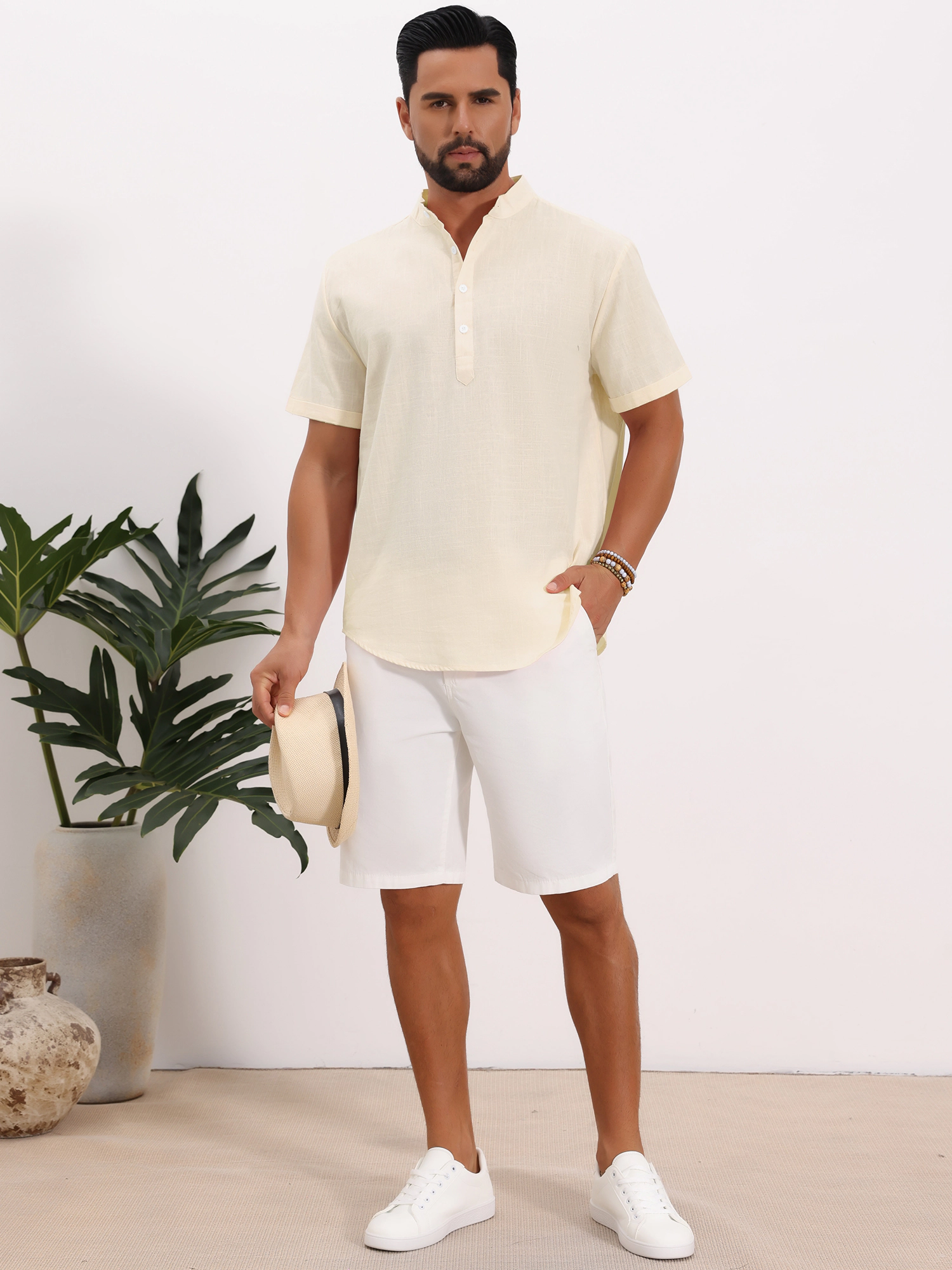 INSPIRE CHIC Men's Stand Collar Short Sleeve Linen Henley Shirt