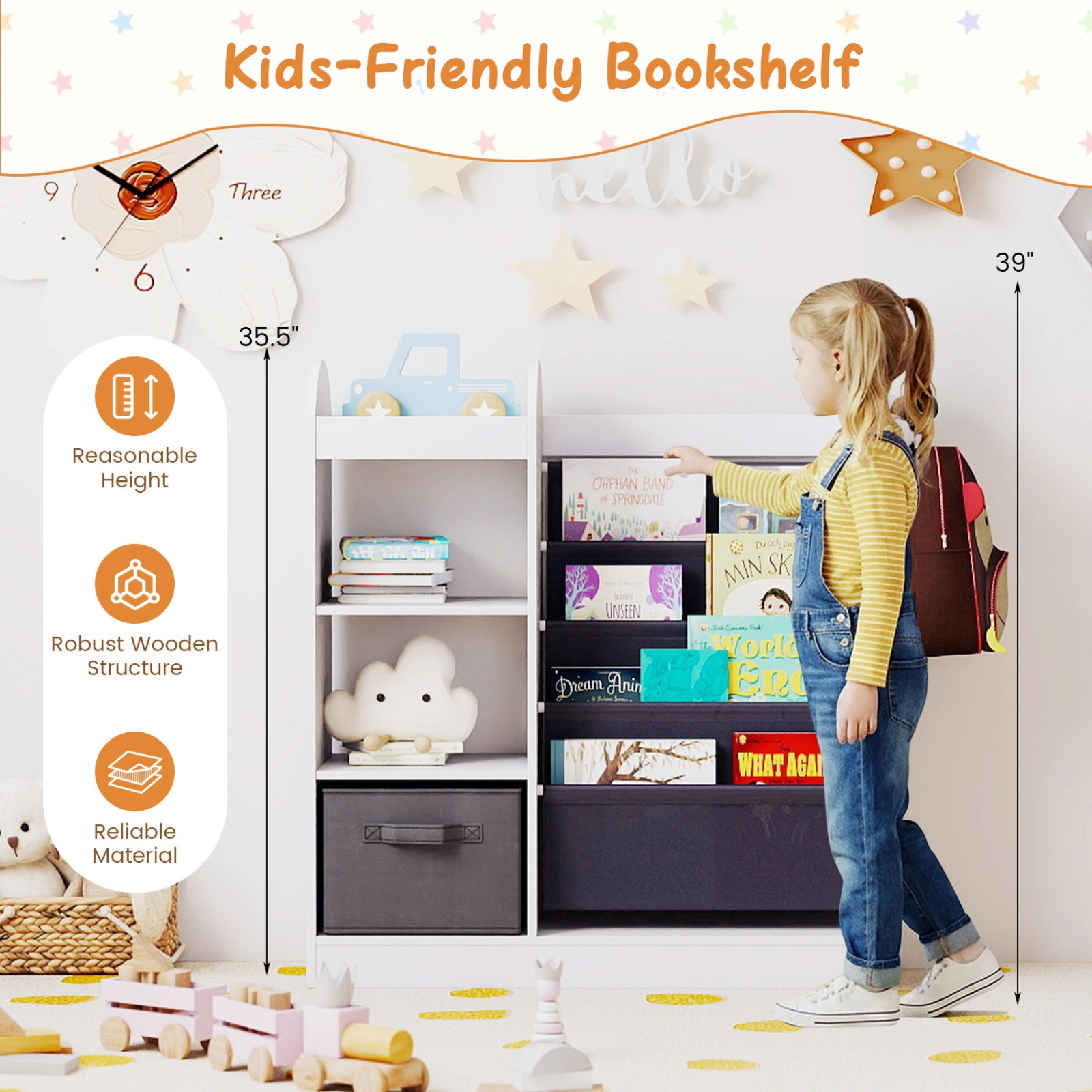 SUGIFT White 22-lb Shelf 4-Tier Sling Kids Bookshelf Toy Storage Organizer with Mirror and Fabric Drawer