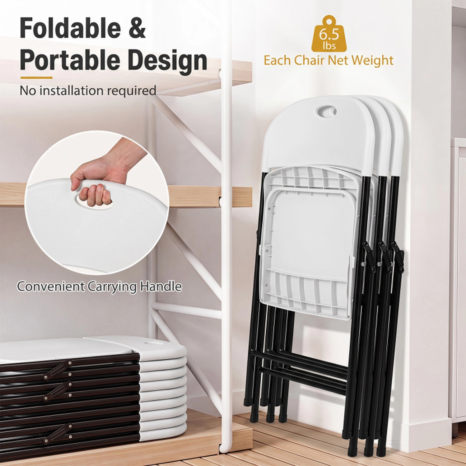 SUGIFT Foldable Plastic Dining Chair Set with Ergonomic Backrest 330-Lb Capacity White/Black