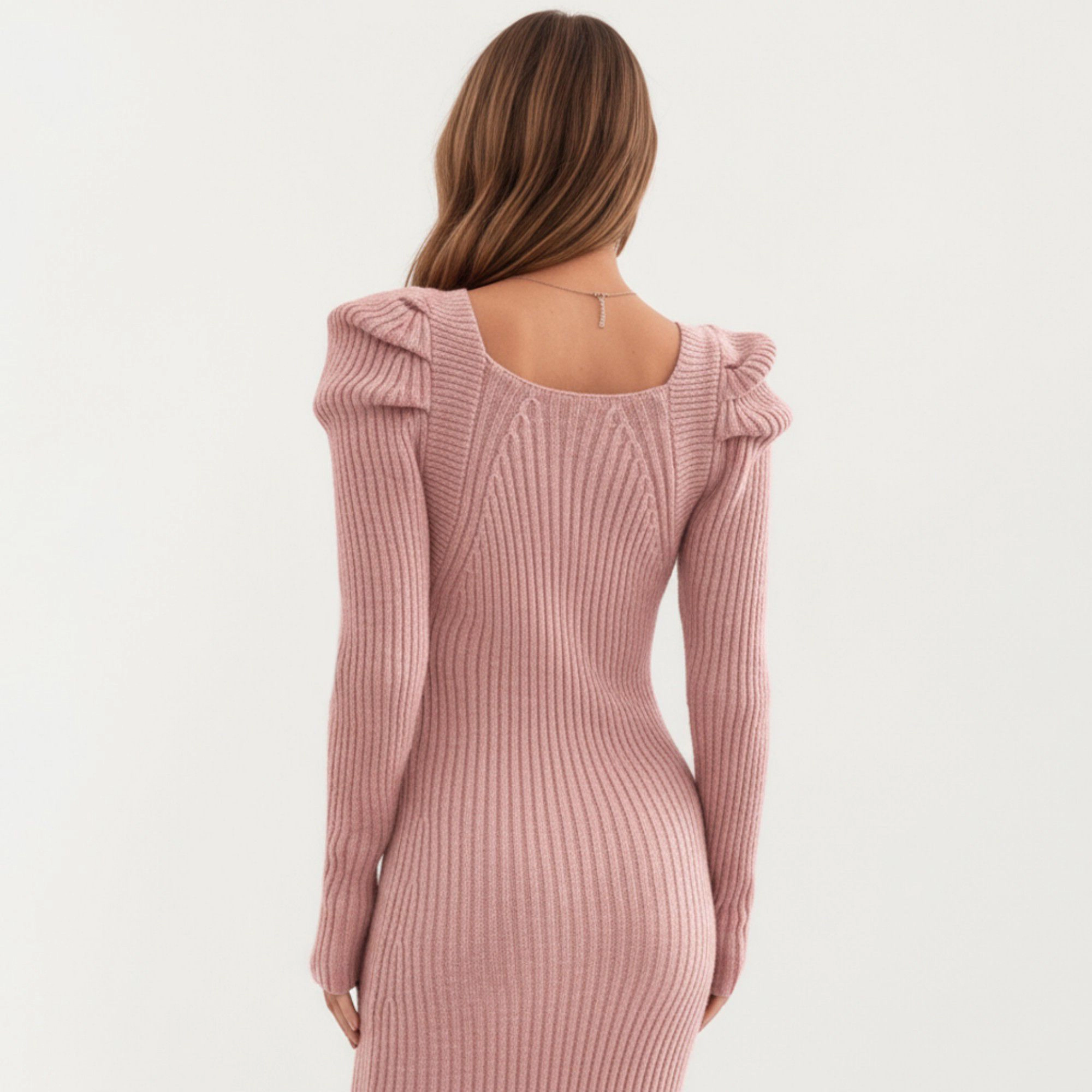 Anna-Kaci Women's Long Sleeve Ribbed Knit Bodycon Puff Shoulder Midi Dress