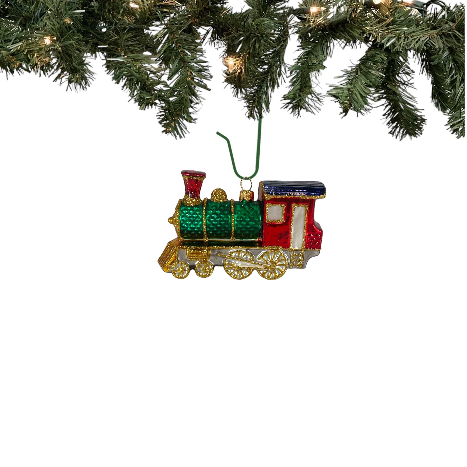 Pinnacle Peak Trading Company Red and Green Train Locomotive Polish Glass Christmas Tree Ornament Decoration