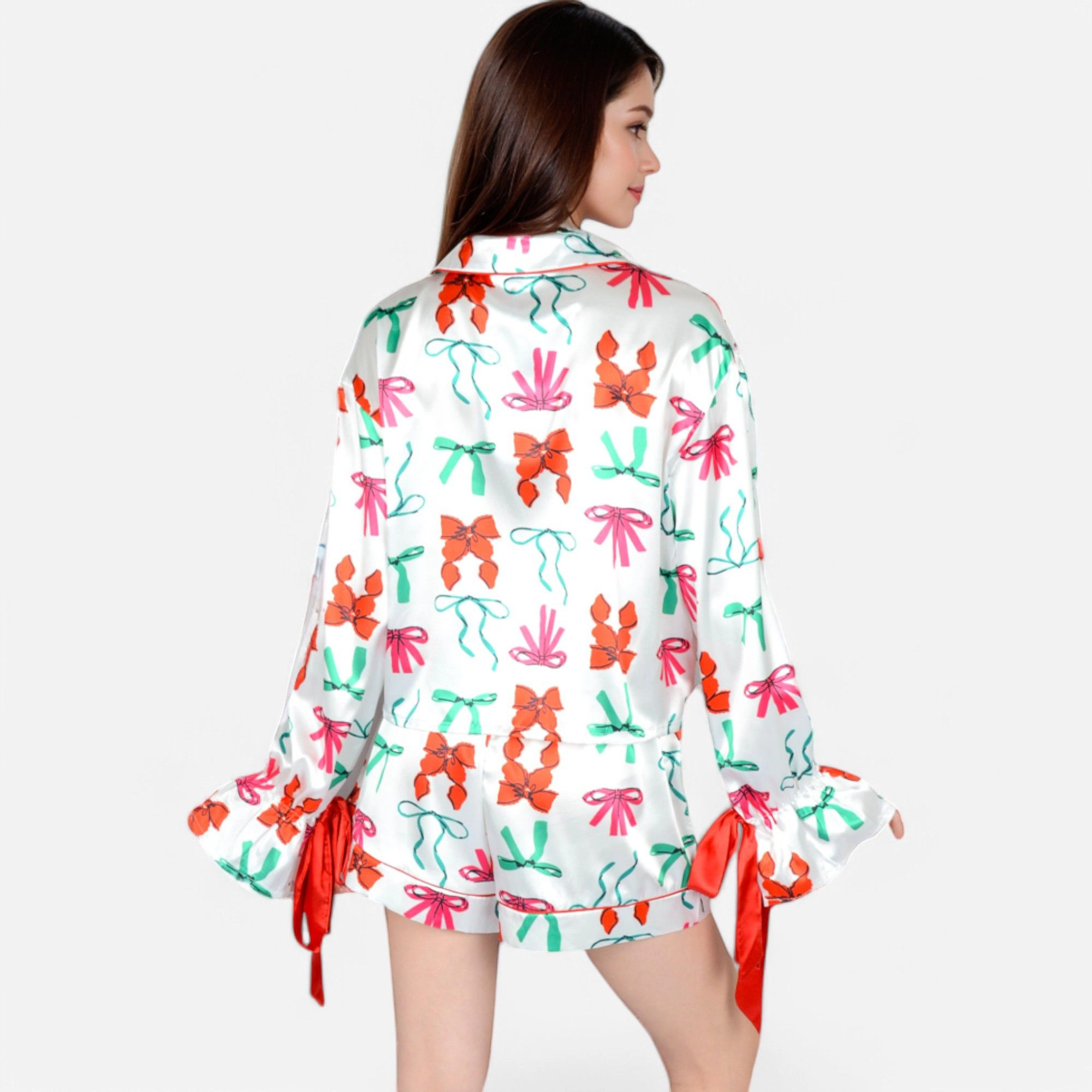 Anna-Kaci Women's Holiday Bow Print Pajama Set with Ribbon Tie Details and Button Up Top
