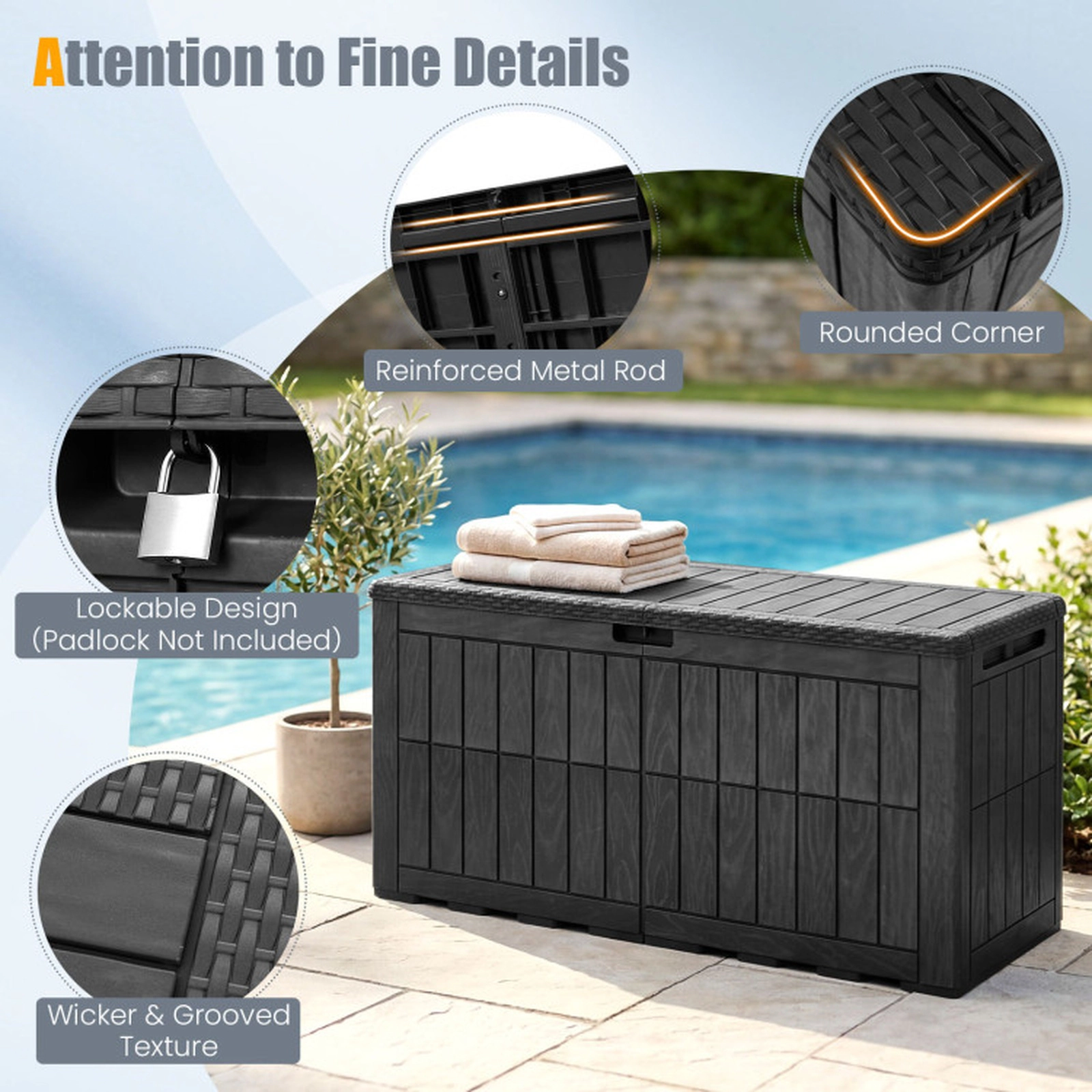 SUGIFT 100-Gallon Lockable Waterproof PP Outdoor Deck Storage Box 47.5-in x 21-in x 24-in 310-lb Seat Capacity Black