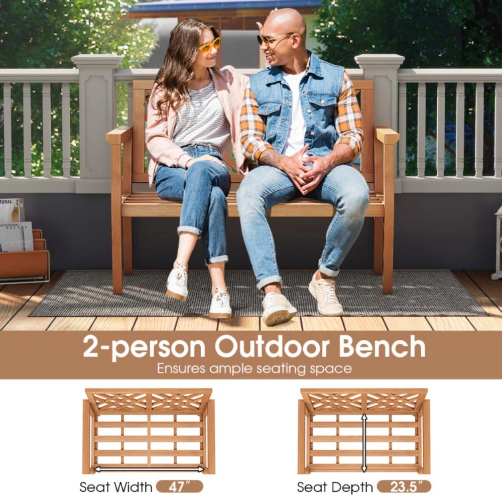 Hivvago Outdoor Garden Bench 2-Person Teak Wood Bench With Comfy Armrests And Backrest