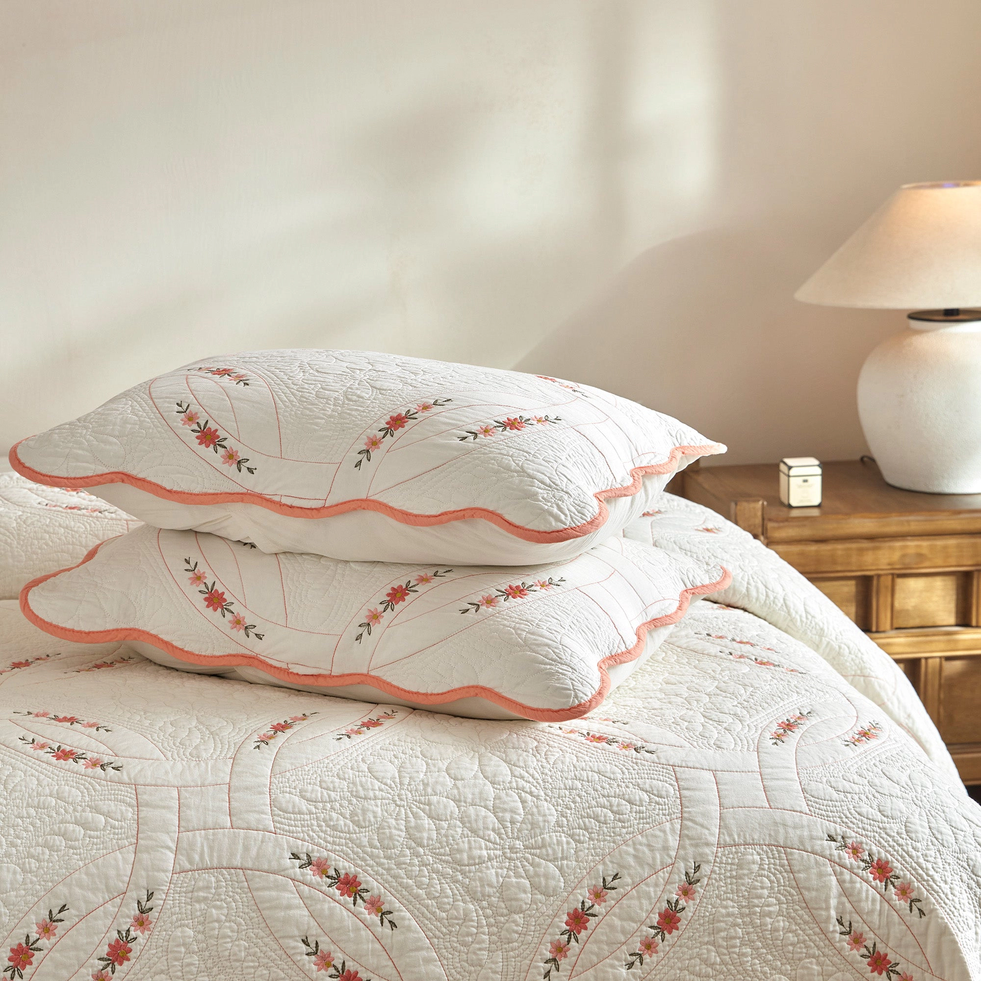 MarCielo 3 Piece 100% Cotton French Country Floral Embroidered Quilt Bedspread Set