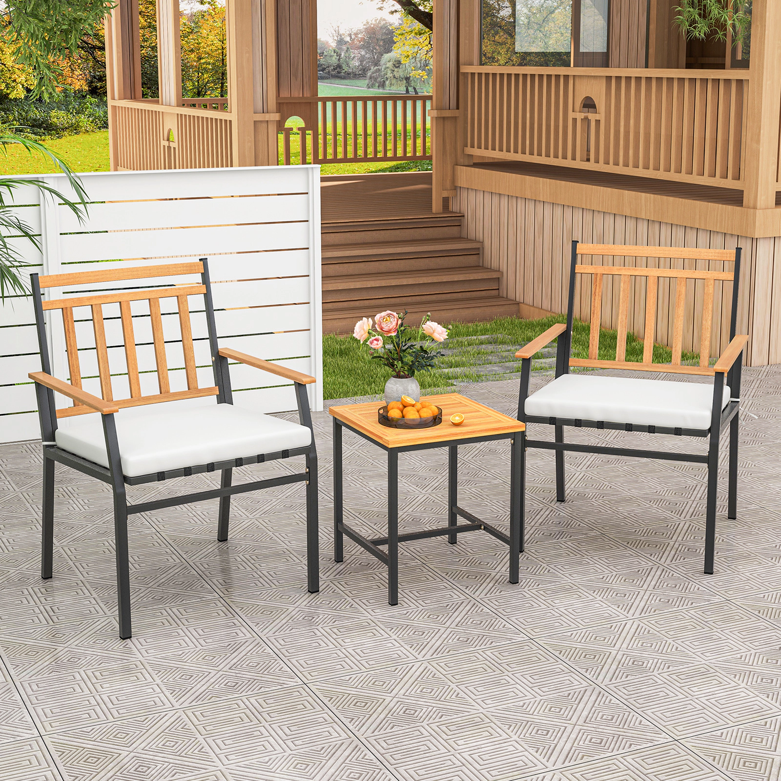 LJG 3 Pieces Outdoor Furniture Set Acacia Wood Patio Conversation Set with Cushions