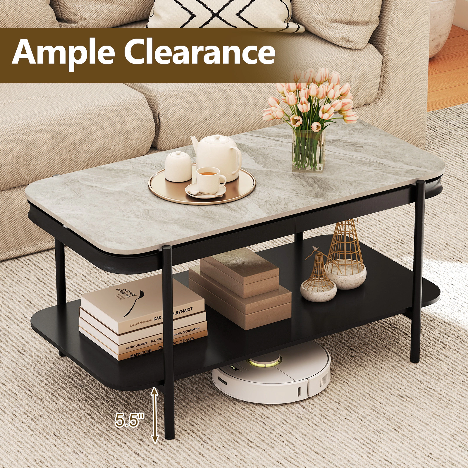 Glintex 2-Tier 35.5-Inch Sintered Stone Coffee Table with Thick Tube Frame
