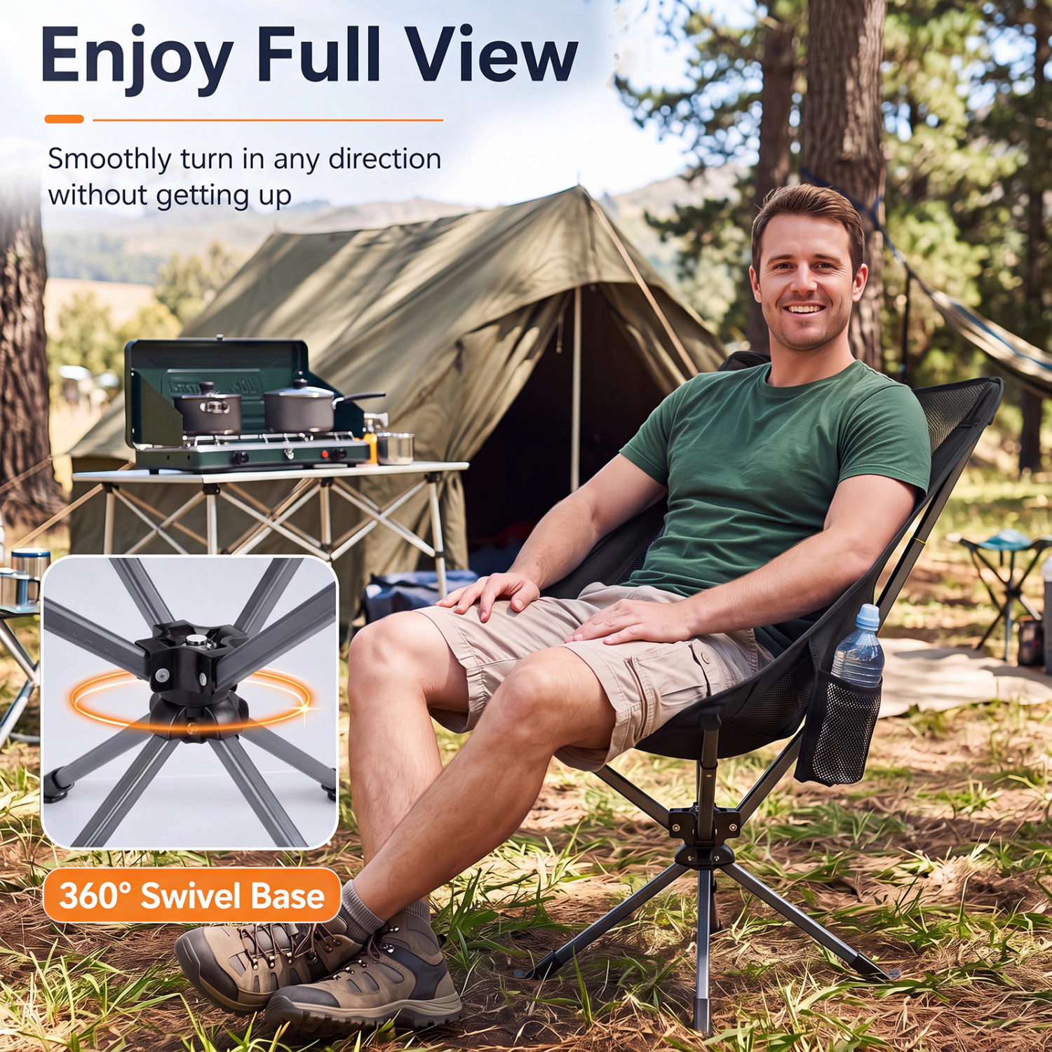 LJG 360° Swivel Camping Chair with Cup Holder and Side Pocket for Beach Support 300 LBS