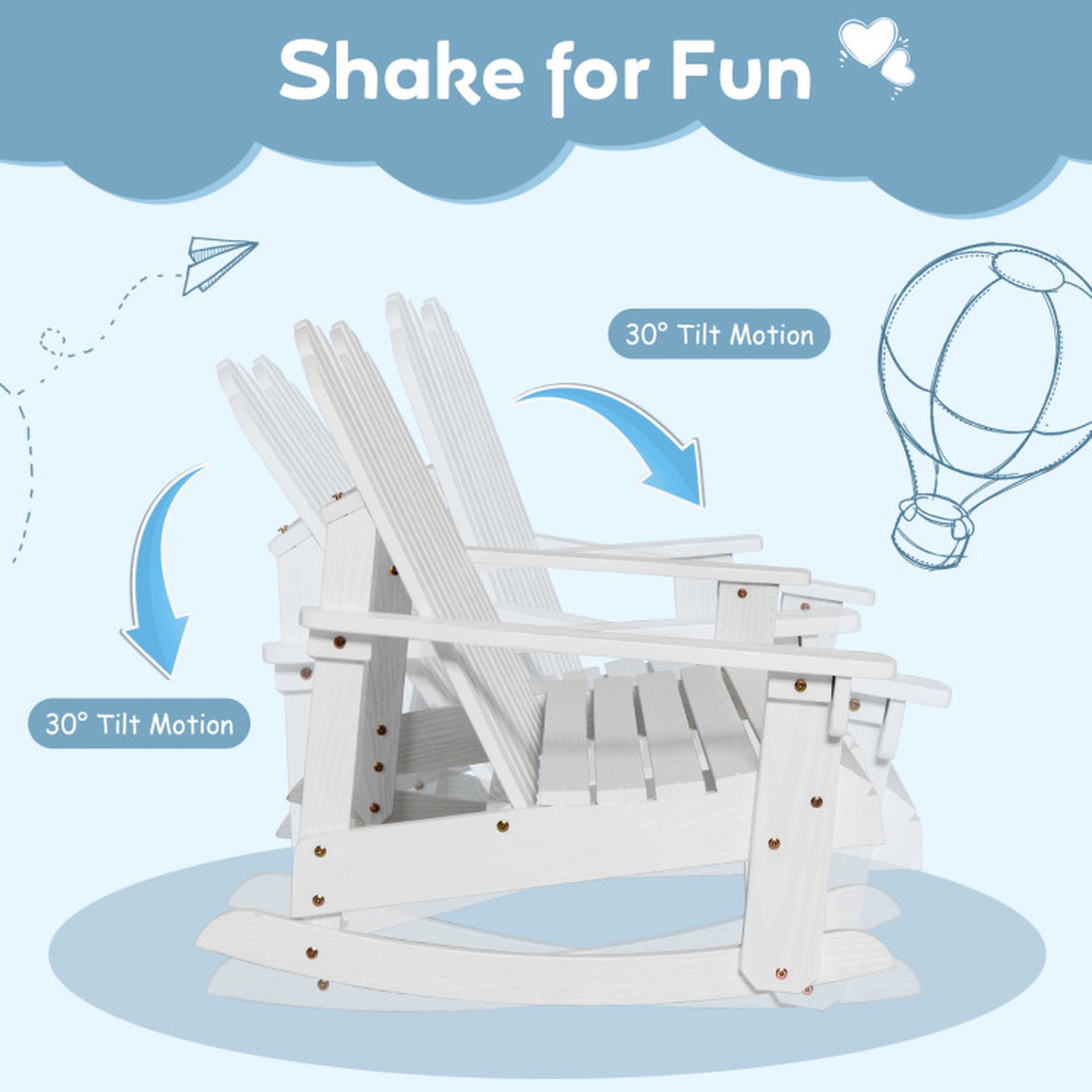 SUGIFT 2 Person Fir Wood Adirondack Rocking Chair with Slatted Seat 220-lb Capacity White