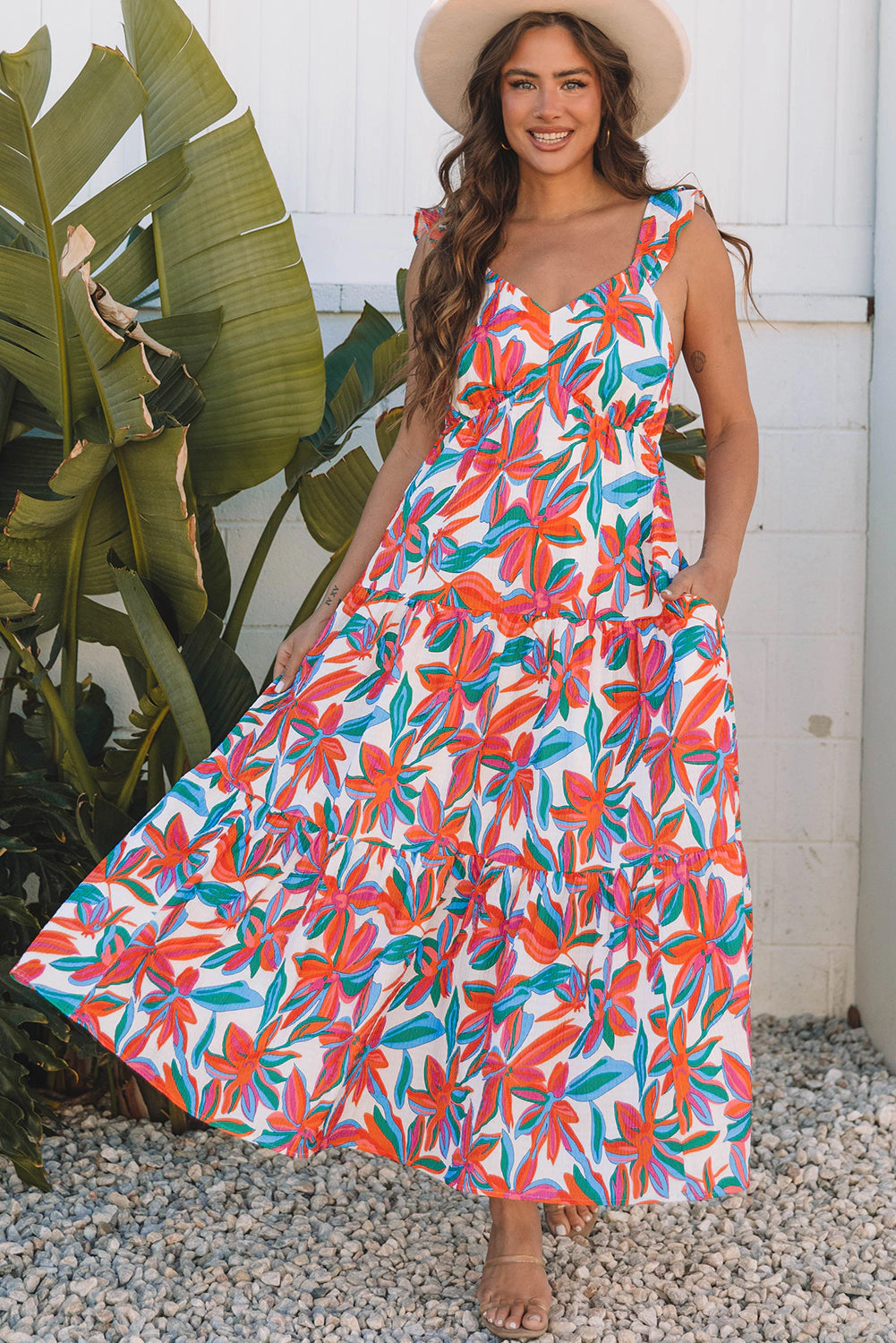 Threaded Pear Women's Alice Boho Floral Ruffled Strap Maxi Dress