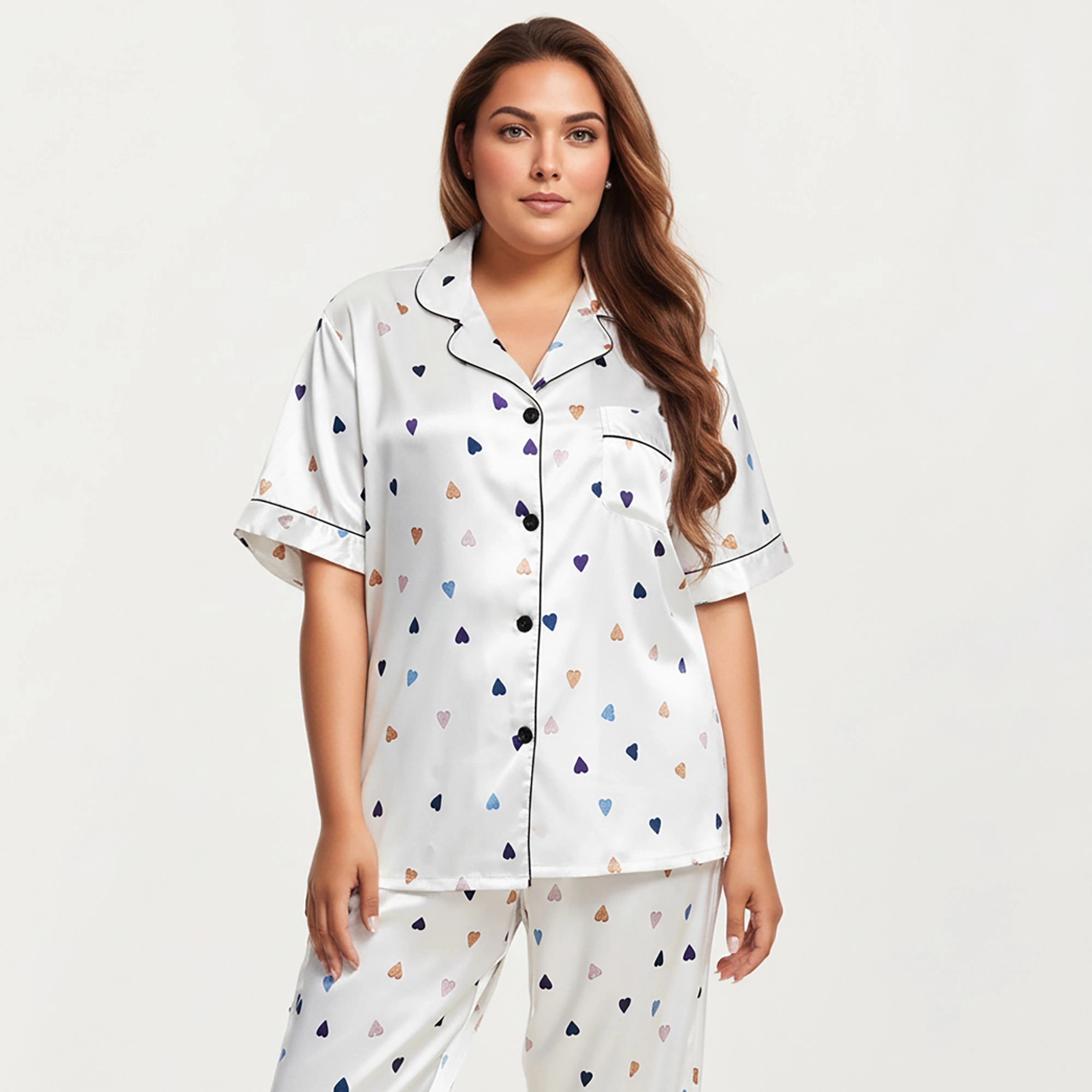Anna-Kaci Women's Plus Valentine Heart Print Satin Pajama Set Short Sleeve Button Front Top Straight-Leg Pants