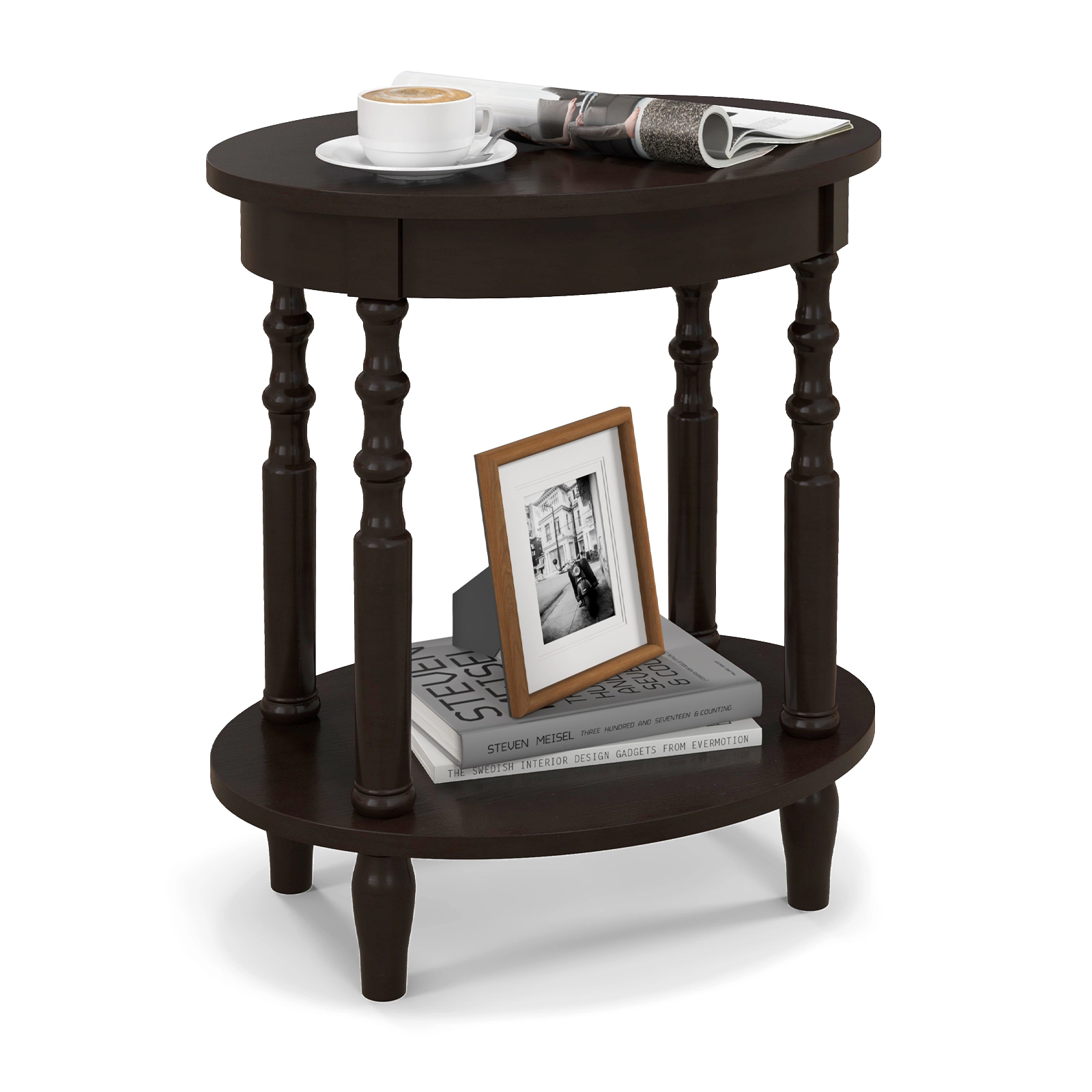 Glintex Oval 2-Tier Side Table with 245-Lb Thickened Top and Rubber Wood Legs
