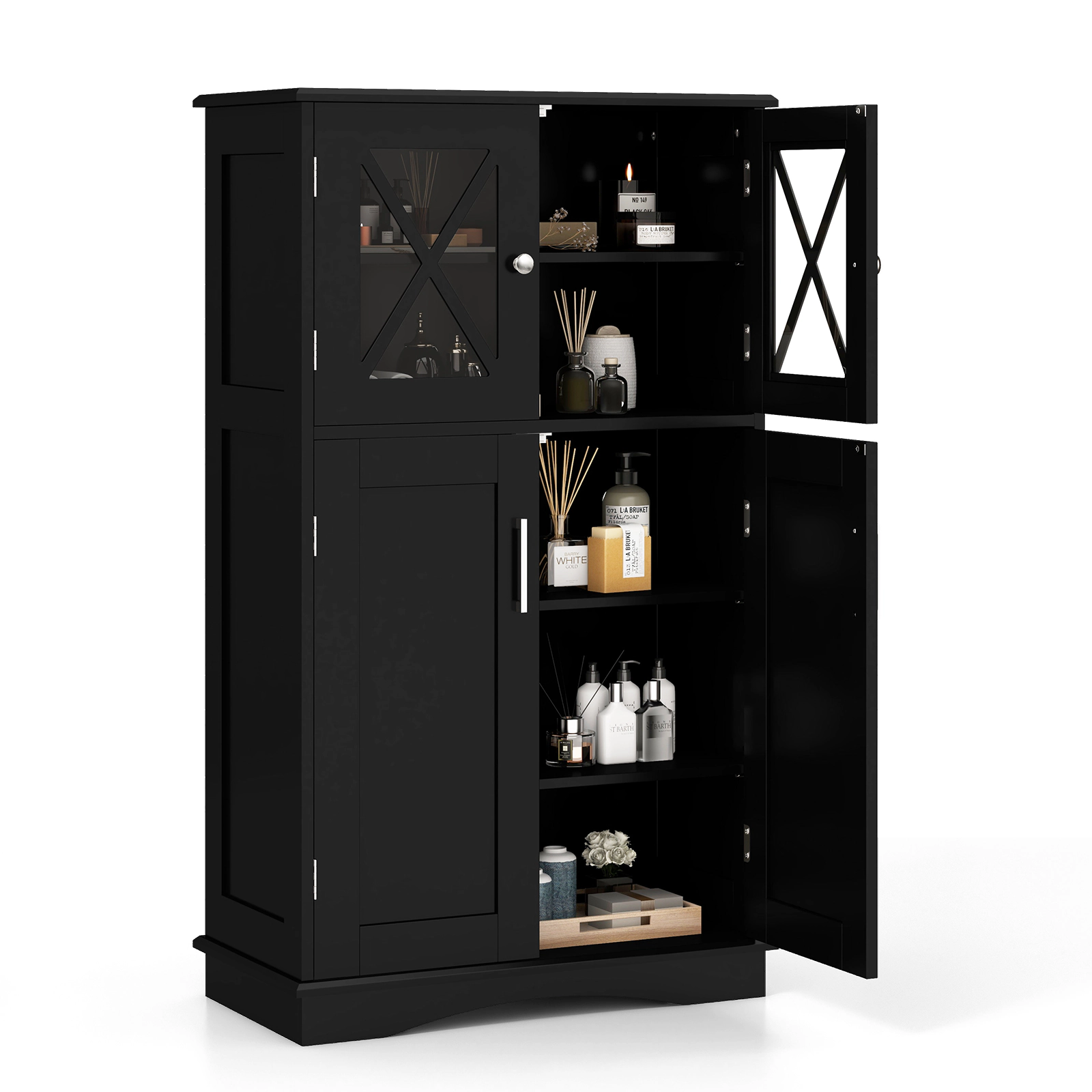 Glintex 4-Door Freestanding Bathroom Cabinet with Glass Doors and 3 Adjustable Shelves