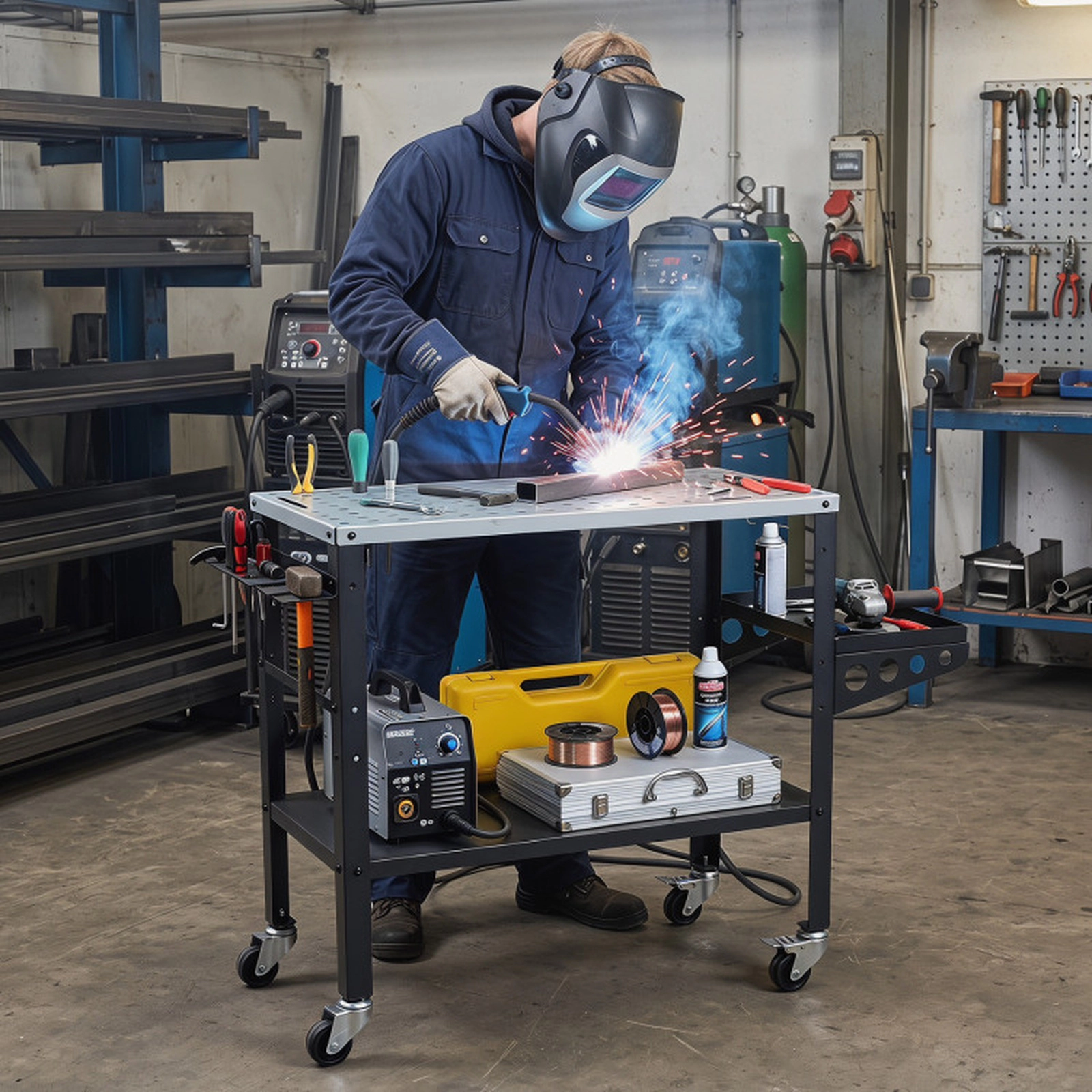 SUGIFT 144 Fixture Holes Lockable Wheels Steel Welding Table 36-in x 18-in Tabletop 1200-lb Capacity 51-in Long Silver
