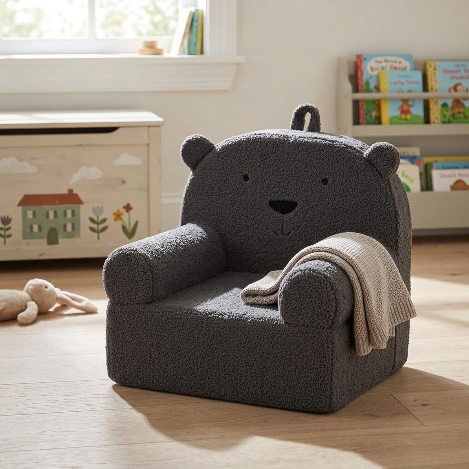 SUGIFT Gray Toddler Foam Chair, Teddy Fleece Cover, Carry Handle