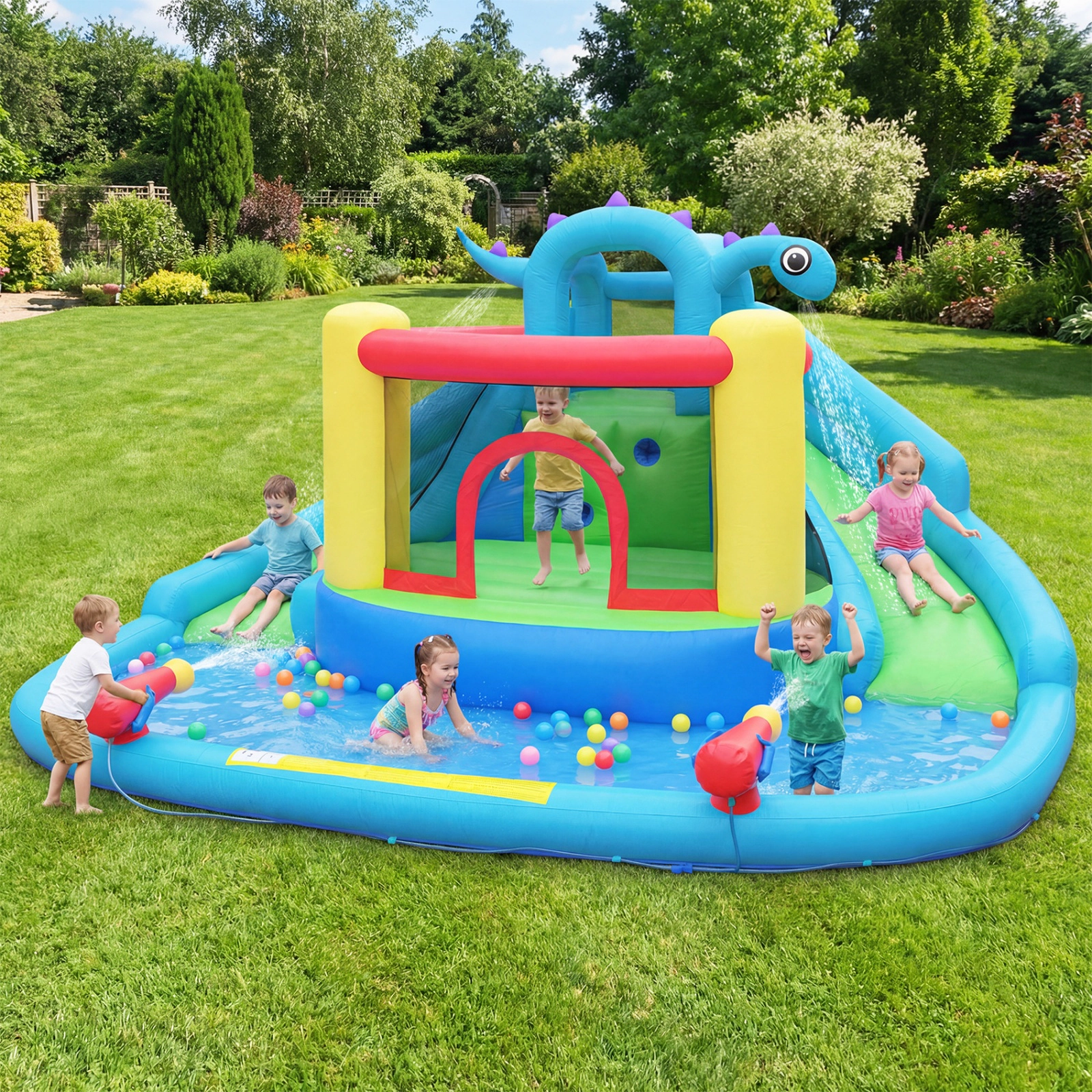 SUGIFT Dinosaur Inflatable Bounce House with Double Water Slides 2 Water Cannons and 860W Blower
