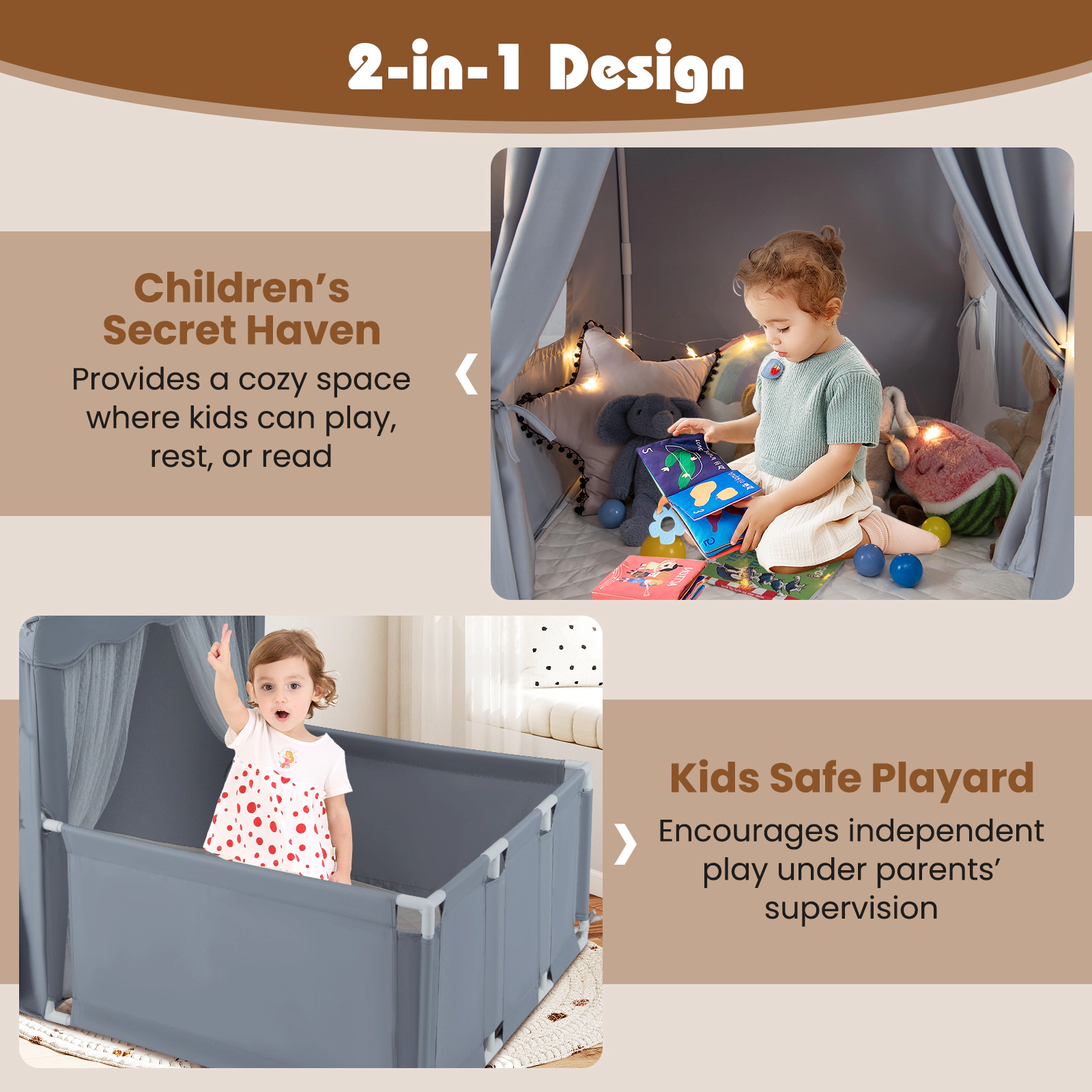 SUGIFT Gray Attached Playpen Toddler Playhouse and Star Lights 2-in-1 Kids Play Tent